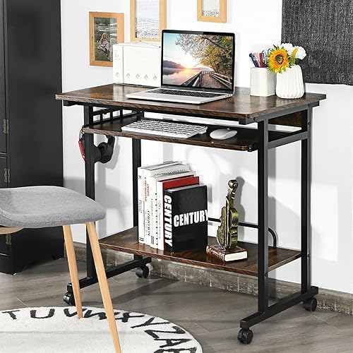 Miniatura 6 de Computer Desk Desk Study Table Rustic Brown PC Desk Removable Laptop Cart Writing Desk Workstation with Pull-Out Keyboard Tray and Side Hooks,
