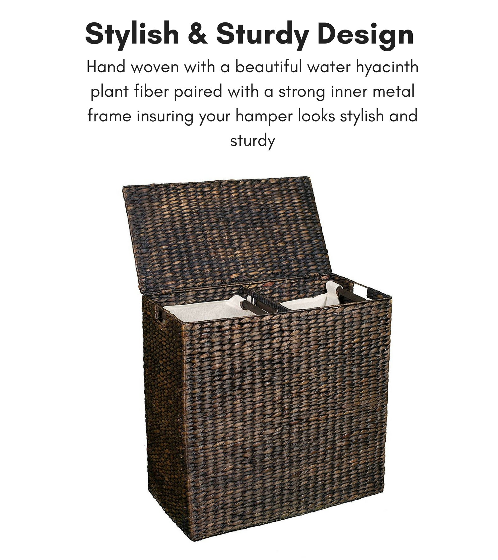 BIRDROCK HOME Double Laundry Hamper with Lid and Divided Interior (Espresso) Decorative Hand