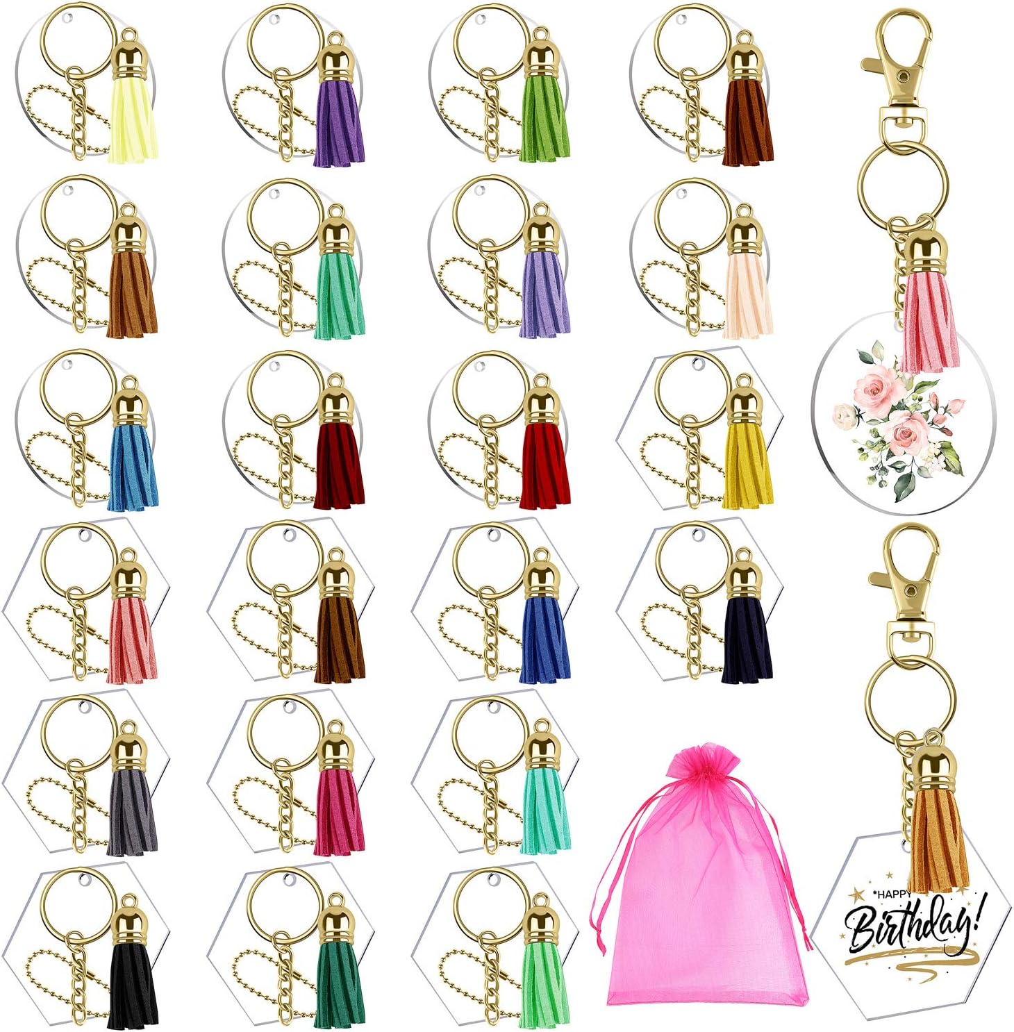 URATOT 132 Pieces Acrylic Transparent Circle Discs Acrylic Keychain Blanks Acrylic Transparent Discs 2 Inch Round Transparent Acrylic Clear Keychain and Colourful Tassel Pendant Keyring for DIY Crafts