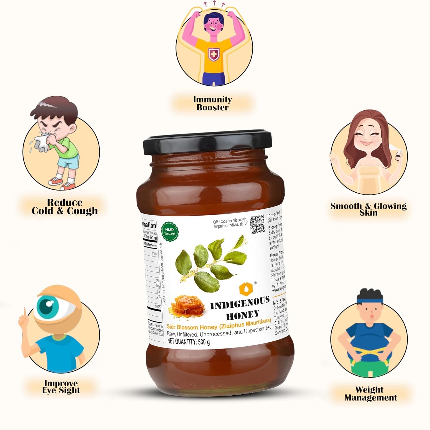 INDIGENOUS HONEY Sidr Ber Jujube Honey Raw Organic Natural Pure Unprocessed NMR Tested Unpasteurized Unheated 530g Glass Jar Pack of 1