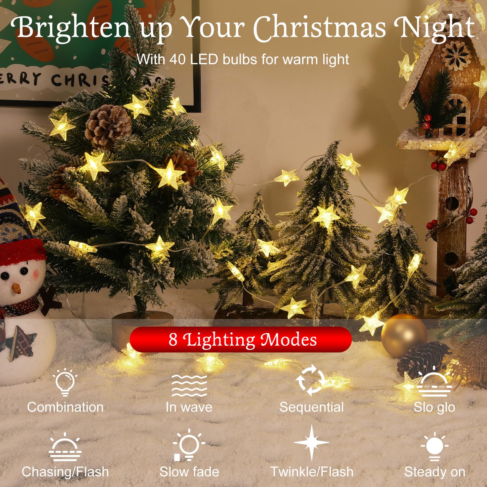 Lewondr 480 LED Stern Vorhang Lichter, 6 Stück Hängende Lichterkette mit 6H Timer & 8 Modi, Batterien Weihnachtsbeleuchtung String Lichter für Weihnachten Hochzeitsfeier Indoor Dekor, Warme Licht