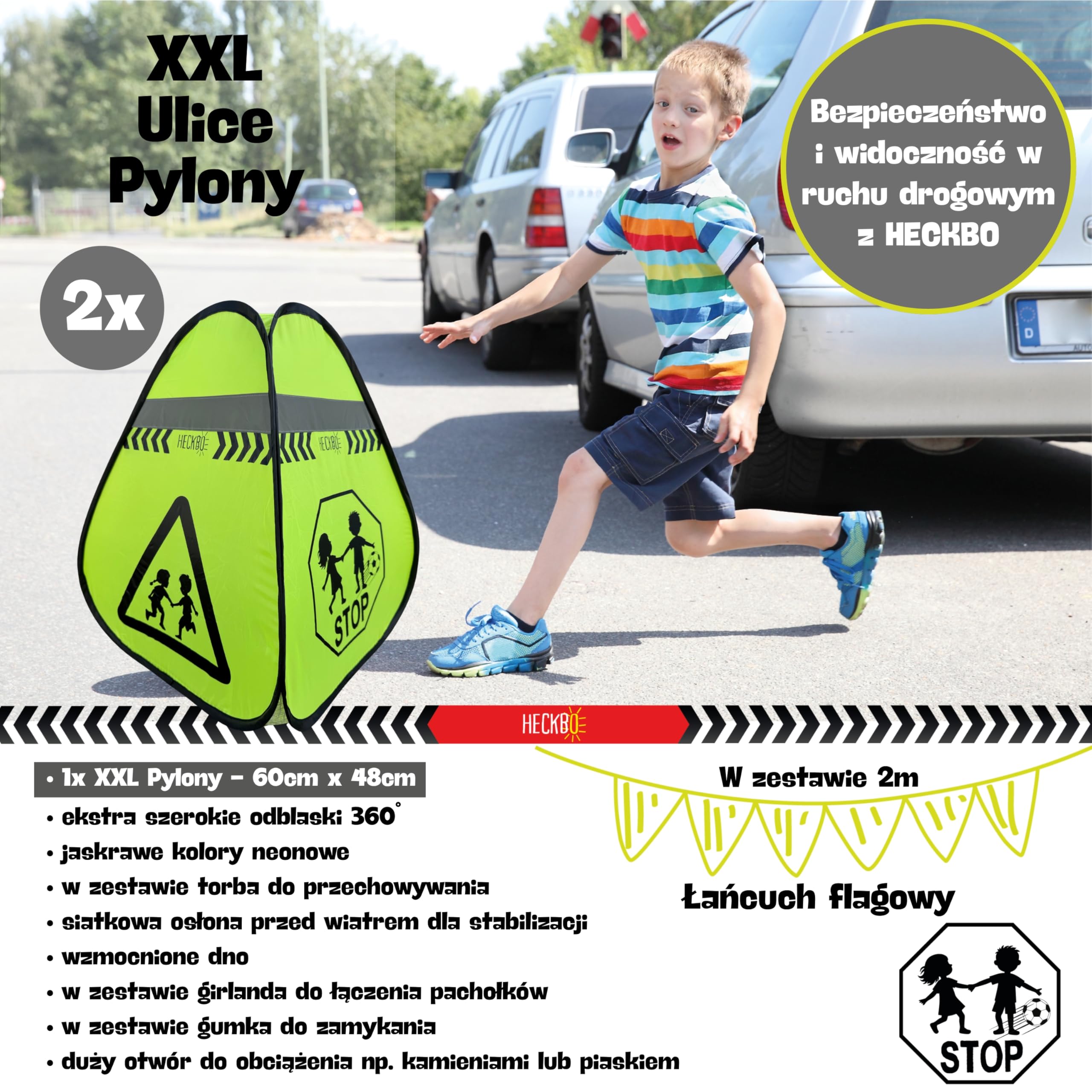 HECKBO 2x Pylony Uwaga Dzieci Znak Pylony do zabawy Pylony + Łańcuch chorągiewek - Pylony uliczne dla dzieci Zestaw bezpieczeństwa dla dzieci