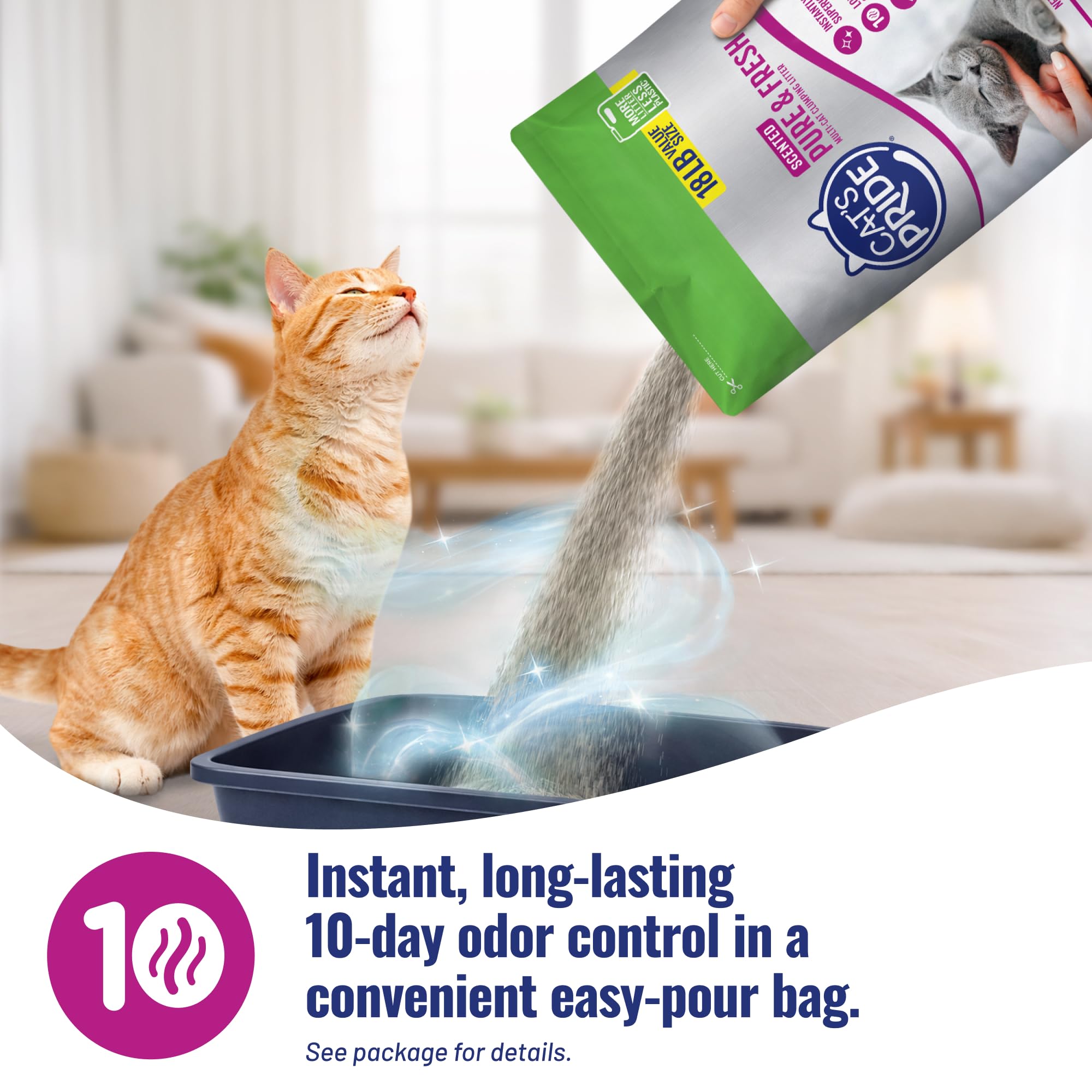 Cat's Pride Arena aglutinante Ligera Pura y Fresca, hasta 10 días de Potente Control de olores, Varios Gatos, perfumada, 18 Libras