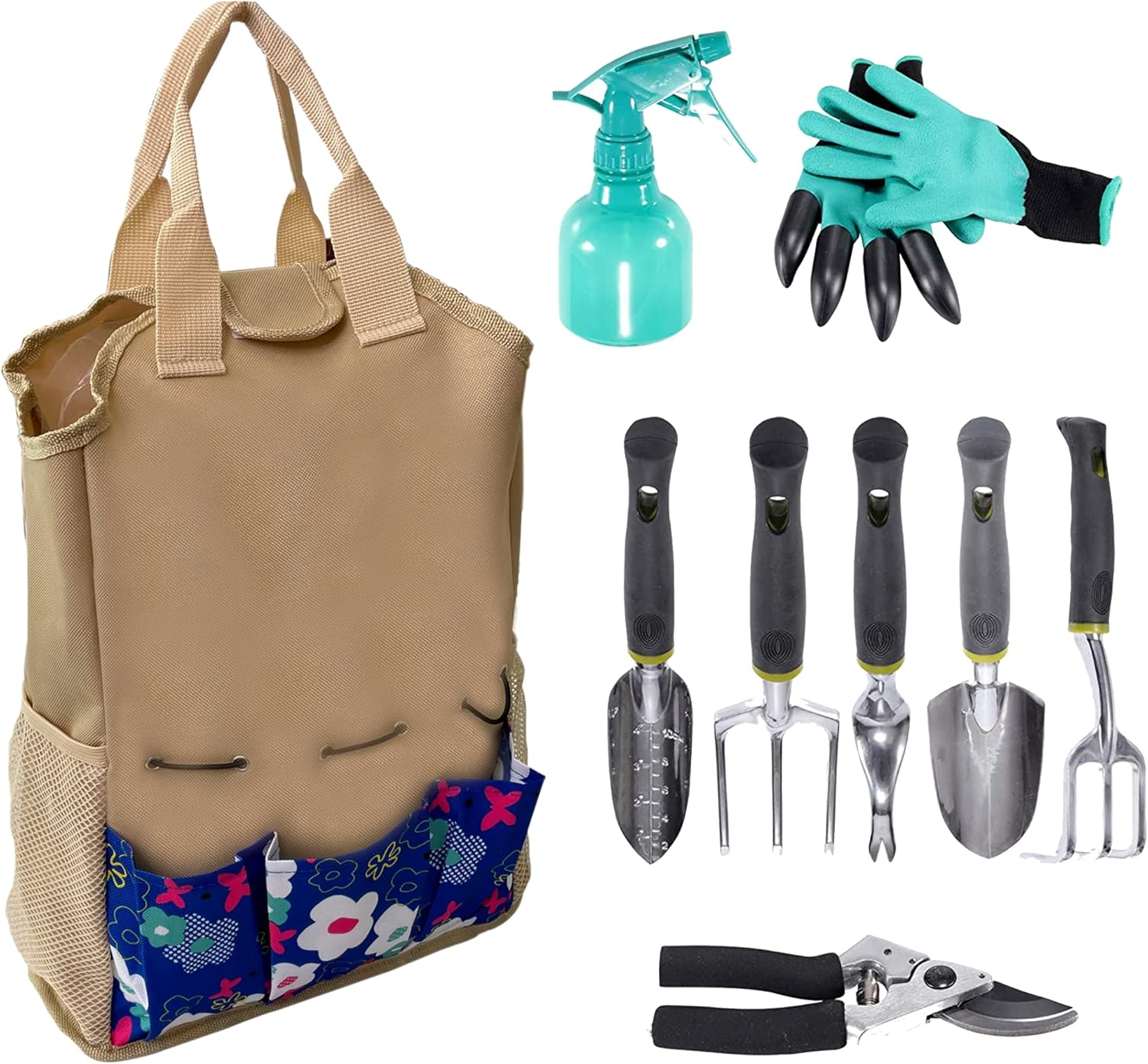 CALIFORNIA PICNIC Garden Tool Set | Garden Tools Organizer Tote | Gardening Gloves Included Great Garden Tools for Woman and Men | 9 Piece Garden Accessories Tool Organizer Kit | Gardening Gifts