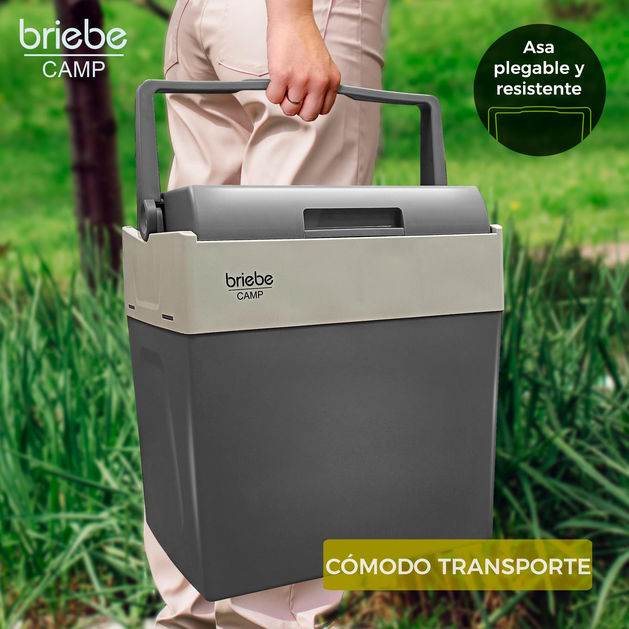 briebe Nevera Portátil Eléctrica de Viaje para Coche, Camping, 12V / 220V, Capacidad 28 litros, Refrigera, Mantiene el Calor, Modo Bajo Consumo