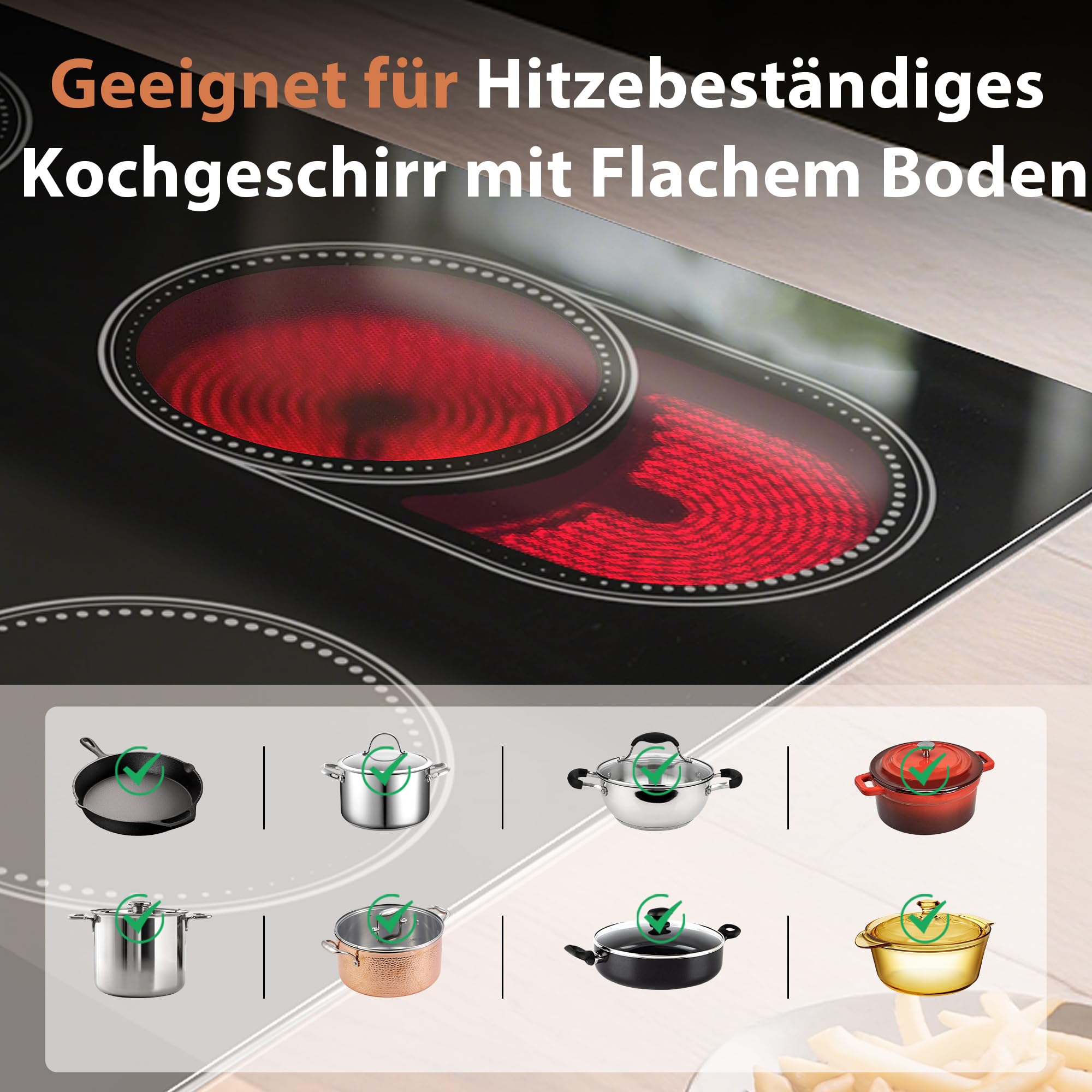 Glaskeramikkochfeld 4 Platten mit Rahmen, Kochfeld Autark, mit Ovaler und Doppelter Zone, Schieberegler Touch, Sicherheitsschloss, Metallrahmen Schutzglas, Kein Stecker, 6600W, 230V