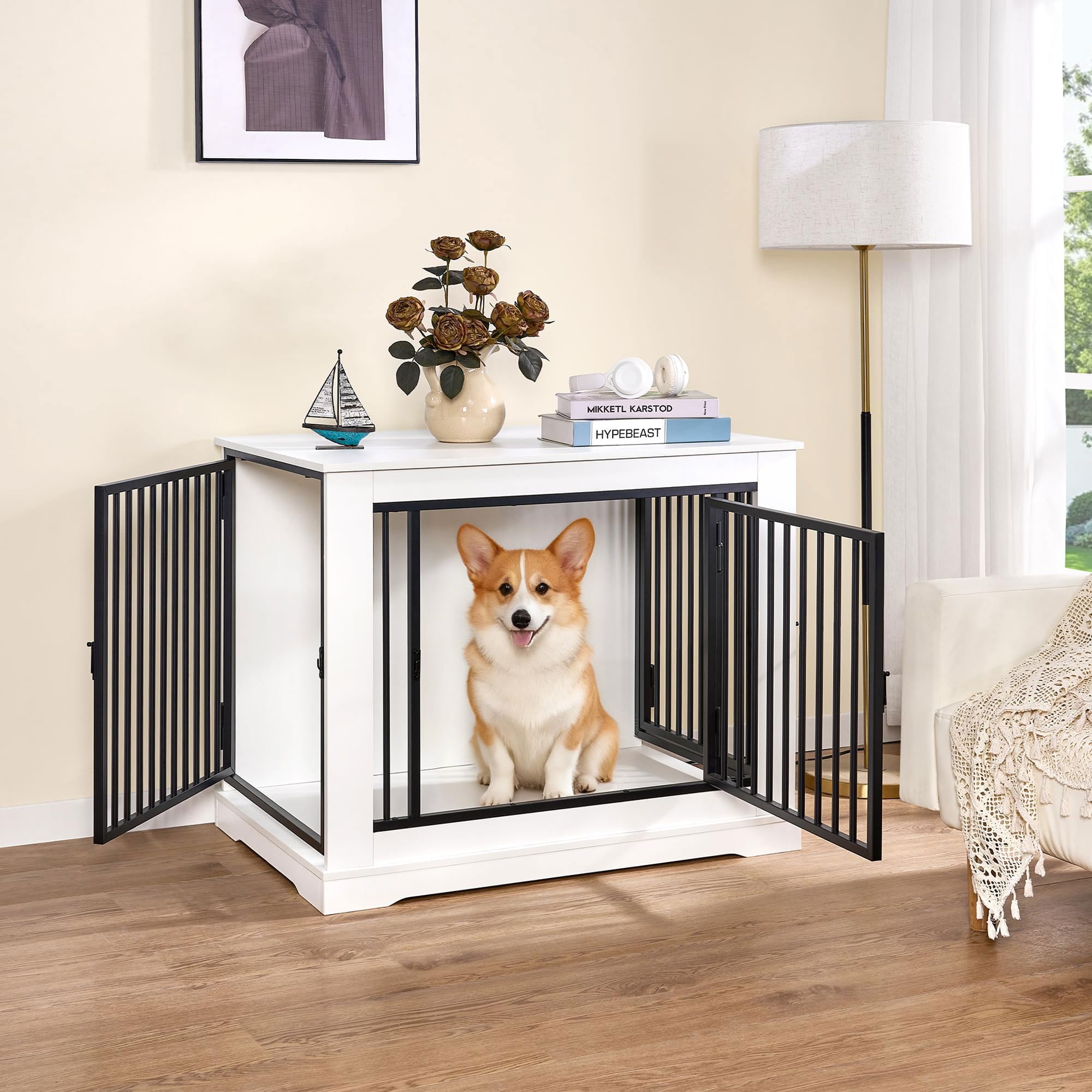 BEWISHOME 81cm Jaula para Perros, Mesa Auxiliar, casa Moderna para Perros, Jaulas para Perros de tamaño pequeño a Mediano, 3 Puertas, 81x55x67.5 cm, Blanco EMGL03W
