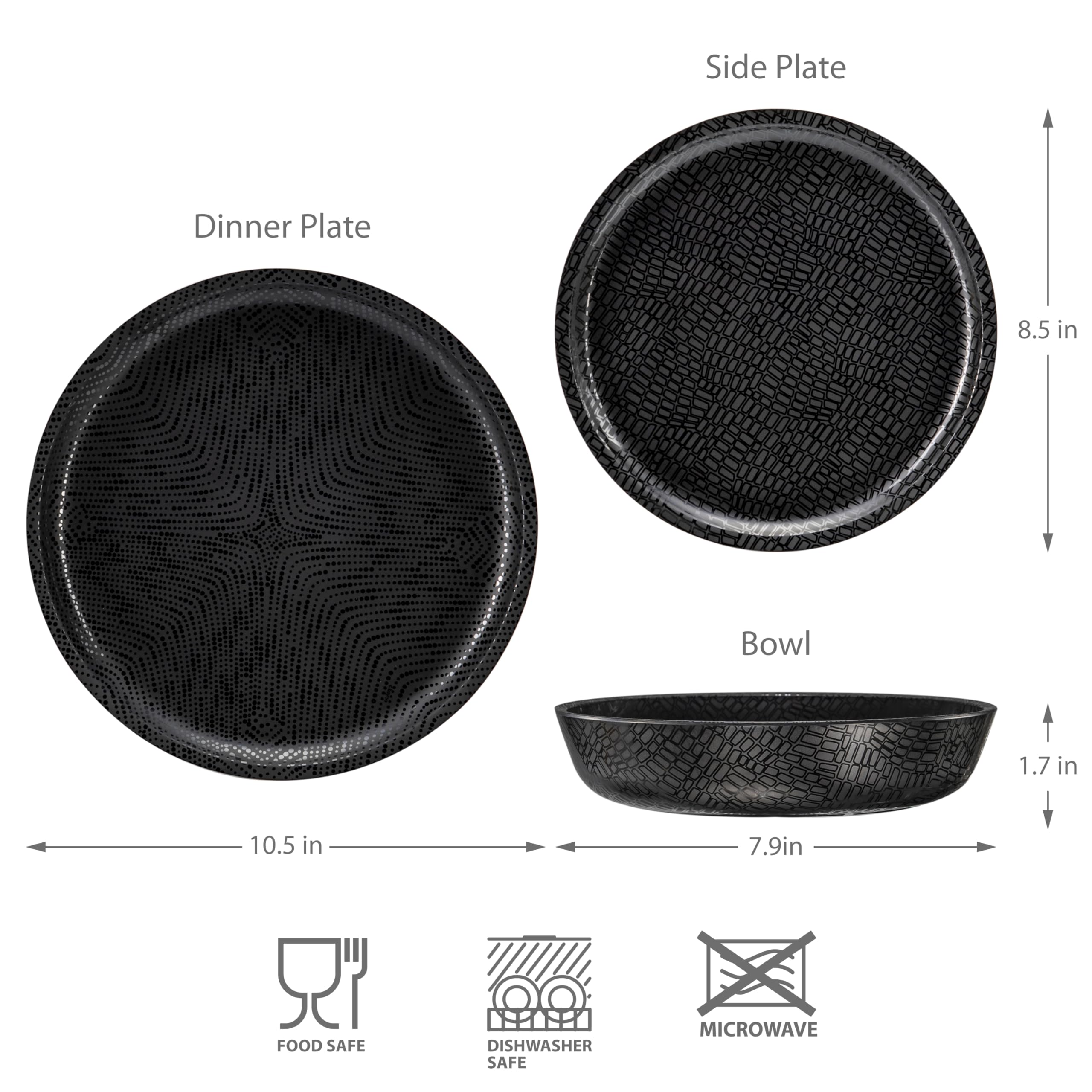 BZYOO BPA-Free Dishwasher Safe 100% Melamine Plastic Plate & Bowl Set for Casual dining Indoor and Outdoor Dining Party Camping (12 PCS Dinnerware set, Service for 4, Black Mono)