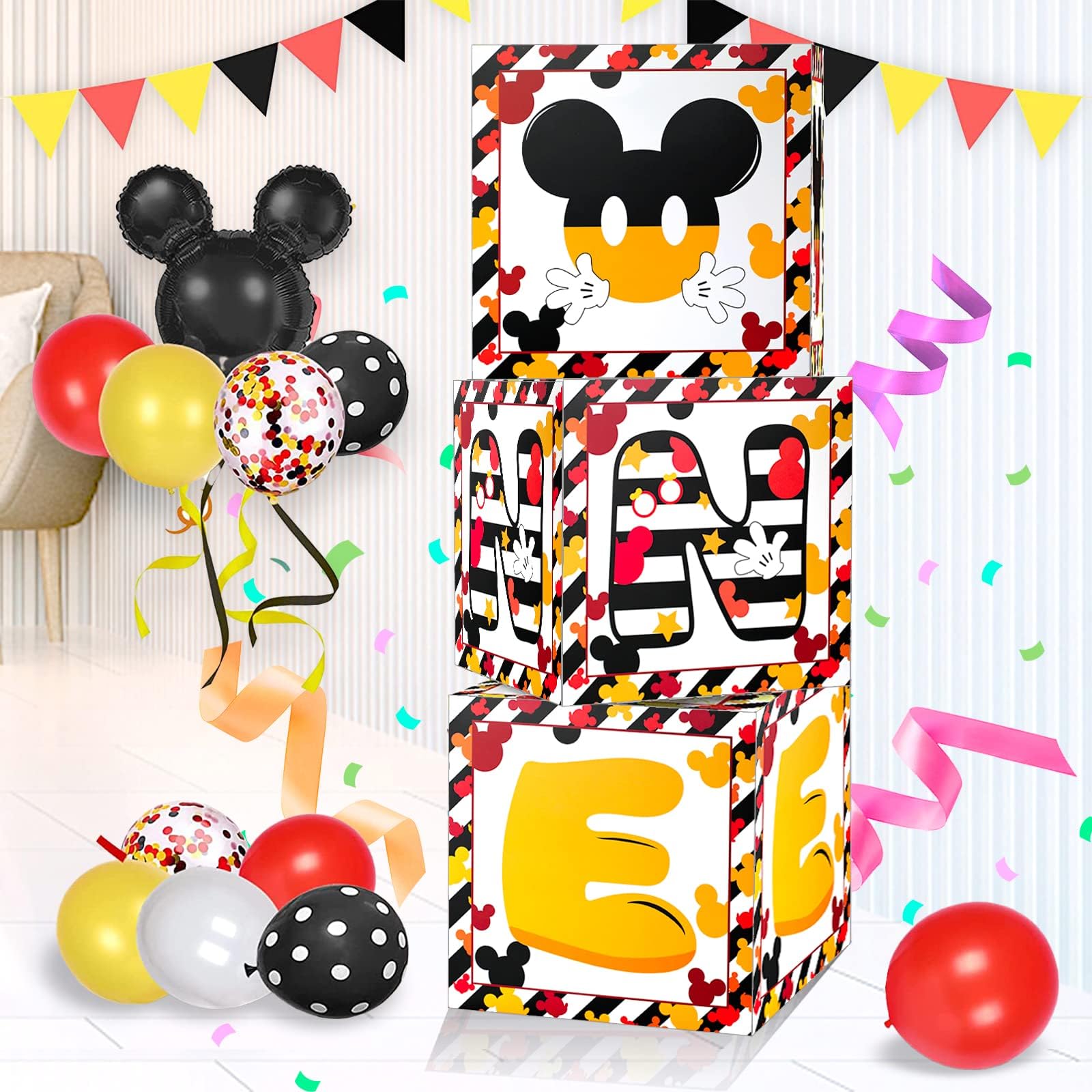 Mouse First Birthday Party Balloon Boxes Decorations, 3PCS Black Yellow Mouse Cartoon Theme One Year Old Birthday Party Favors Supplies for 1st Birthday Party Decorations