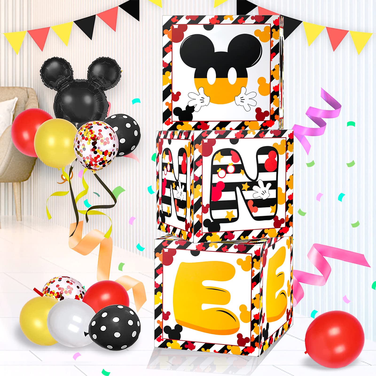 Mouse First Birthday Party Balloon Boxes Decorations, 3PCS Black Yellow Mouse Cartoon Theme One Year Old Birthday Party Favors Supplies for 1st Birthday Party Decorations