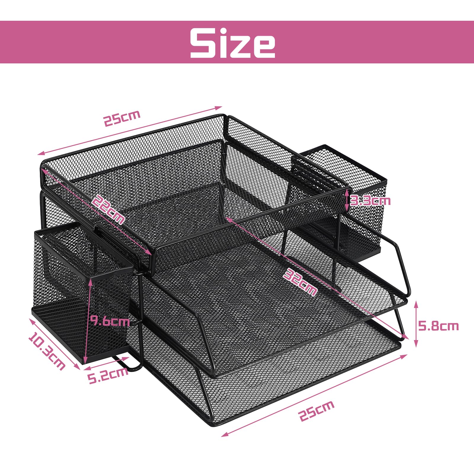 Stapelbare Briefablage aus Metall, Schwarz Schreibtisch Organizer mit 2 Dokumentenablage und 2 Stiftehalter, Mesh Schreibtischablage für A4 Dokument, Büroablage, Postkörbe
