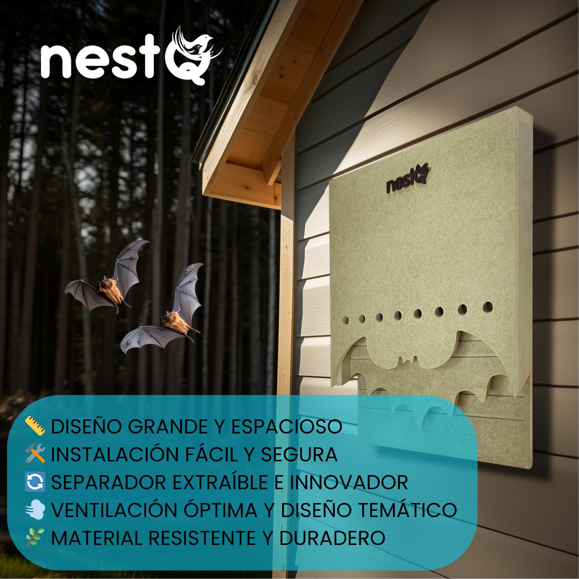 Nido De Murciélagos para Exterior - Casa Grande De Madera con 2 Cámaras - Diseño Especial para Atraer Murciélagos - Fácil Instalación con 2 Ganchos - Separador Extraíble con Orificios De Comunicación