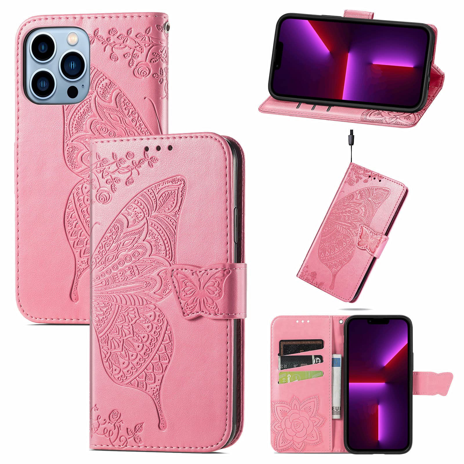 Etui na iPhone 14/14 Pro/14 Plus/14 Pro Max, autentyczna skórzana okładka portfelowa z wewnętrzną otoczką TPU, przegródka na karty, smukły pasek ochronny do flipowania, różowy, 14 Plus 6,7''