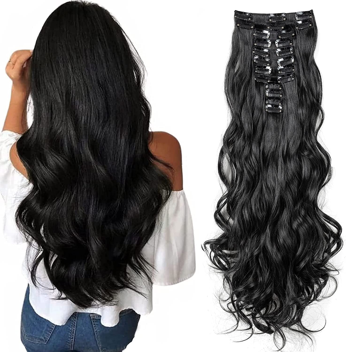 JIAMEISI Clip in Hair Extensions Long 22inch Curly Full Head Synthetic Clip on Hair Extension #1B Natural Black 180 Gram Thick Double Weft Hair Extensions Wavy Hairpieces for Women