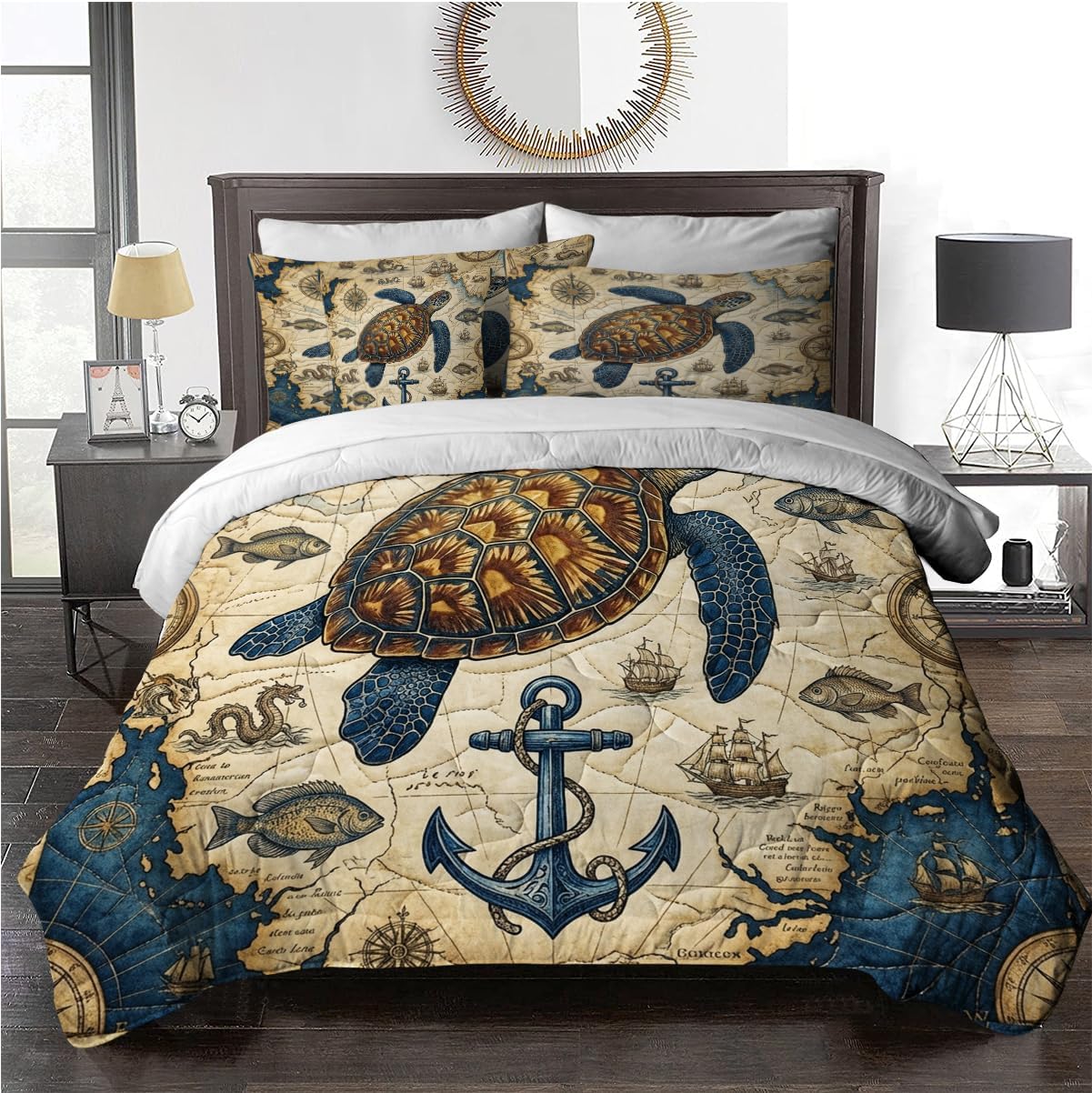 BlessLiving Sea Turtle Comforter Set Tropical Bed in a Bag Coastal Beach Themed Bedding with 1 Comforter, 2 Pillow Shams, 1 Flat Sheet, 1 Fitted Sheet, 1 Decorative Pillow Cover, 8 Piece, King, Aqua