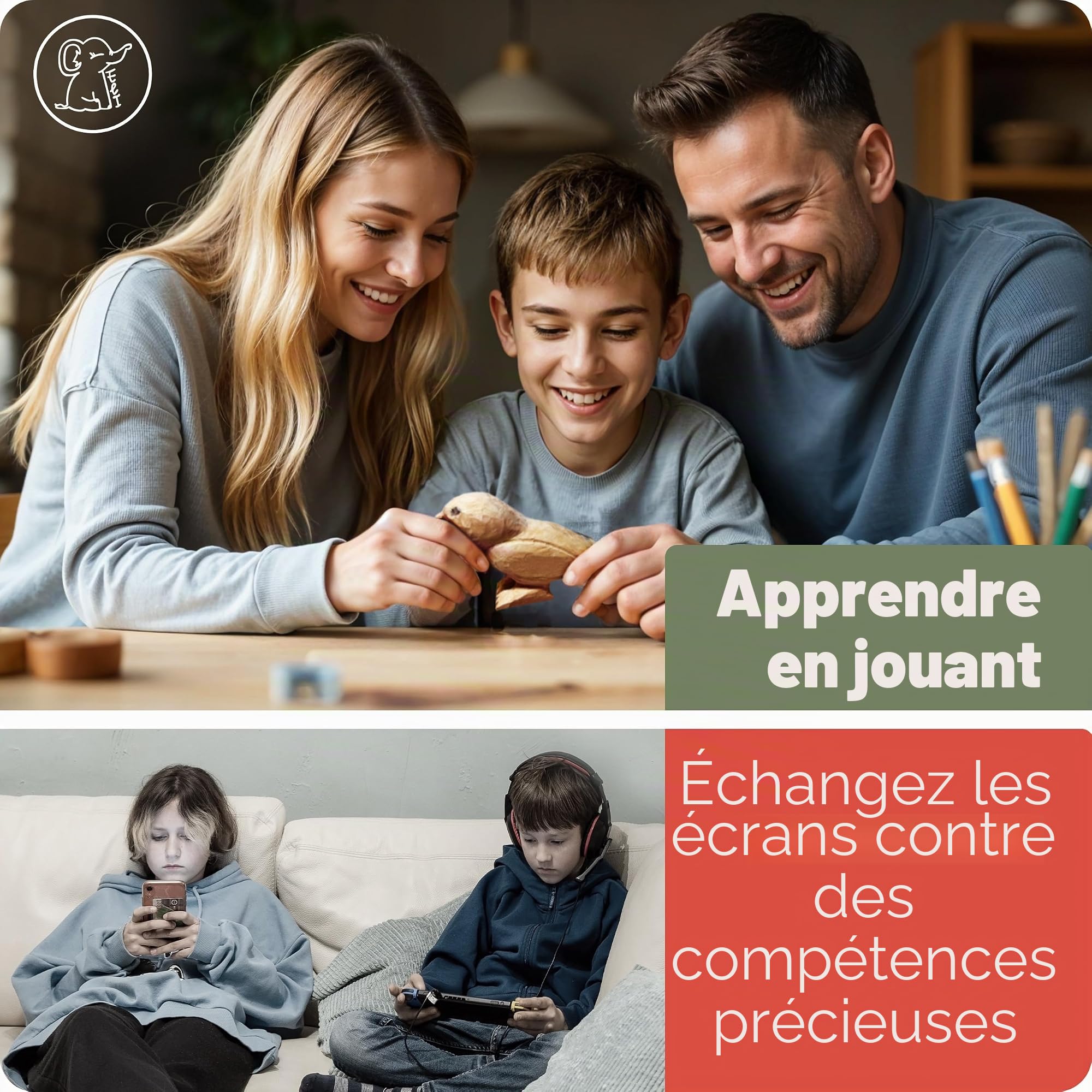 Eli Kit de sculpture pour enfants (17 pièces) avec instructions (français non garanti) – Ébauche en bois – 12 outils de qualité supérieure – Couteau de sculpture avec pierre