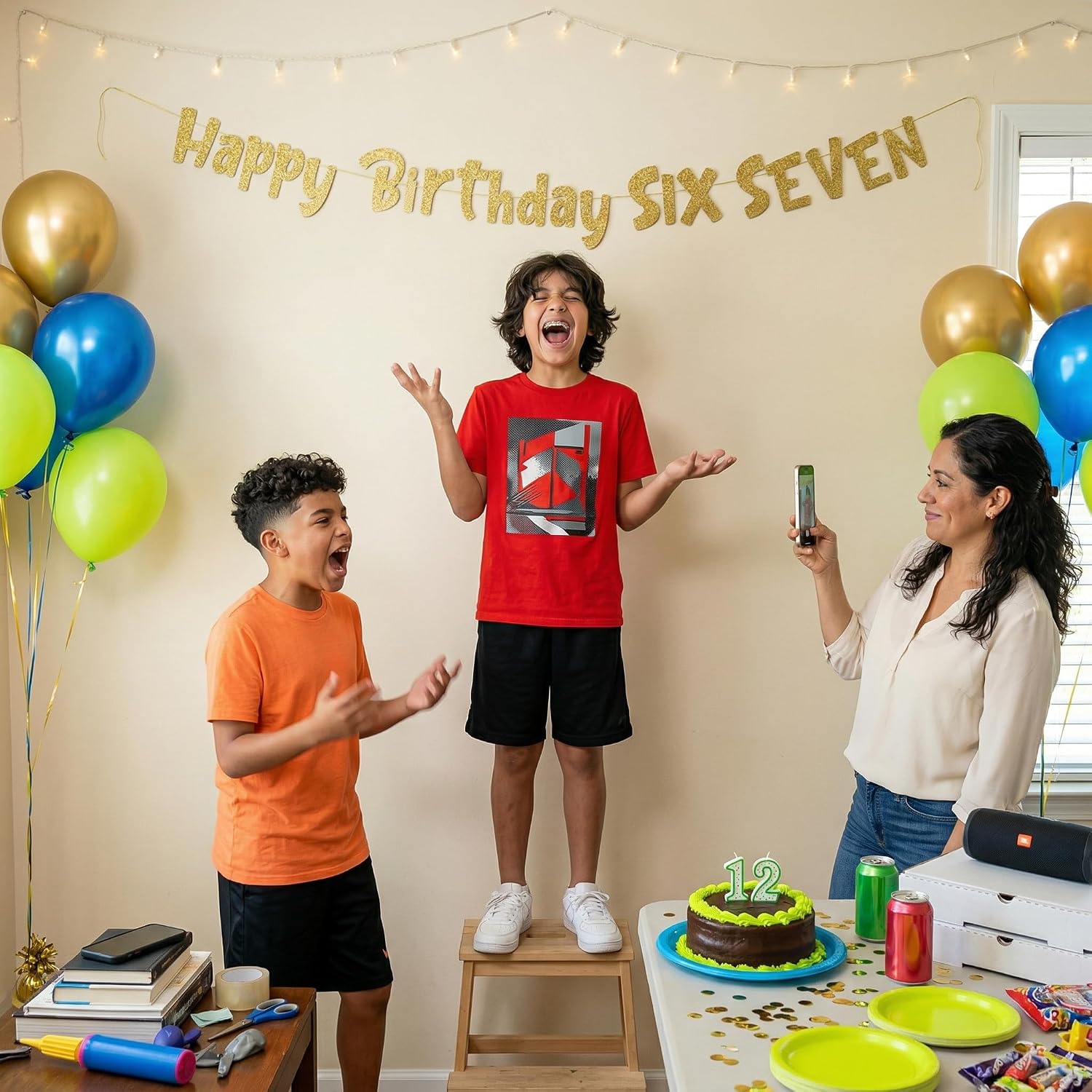 Pre-Strung Happy Birthday Six Seven Gold Glitter Banner - Funny Birthday Decorations for Kids Boys Girls Children - Party Supplies and Gifts
