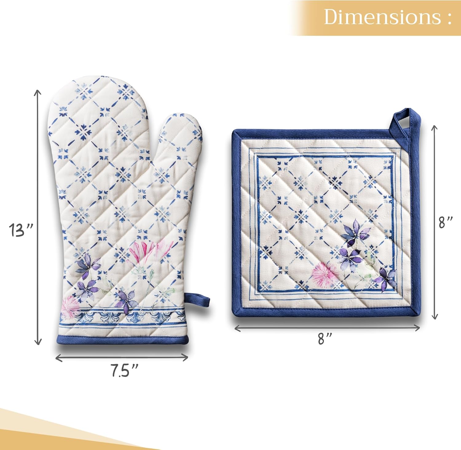 Maison d' Hermine 100% Cotton Oven Mitt & Pot Holder Set (7.5"x13" & 8"x8") Heat Resistant BBQ Cooking Gloves with Loop Baking Grilling Kitchen Easter Decorations Spring/Summer (Faience) - Image 4
