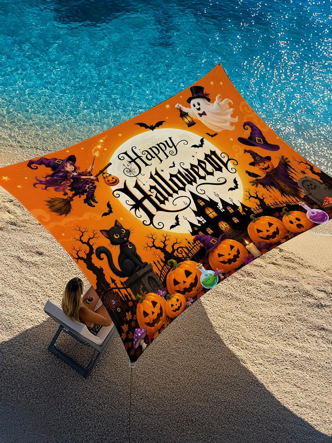 Halloween Sun Shade Sail 12'x16' Happy Halloween Rectangle Sun Shade Sails Canopy Waterproof Haunted Castle Pumpkins Spooky Outdoor Sunshades Sand UV Block Cover Shade for Patio Backyard Deck Porch image 2