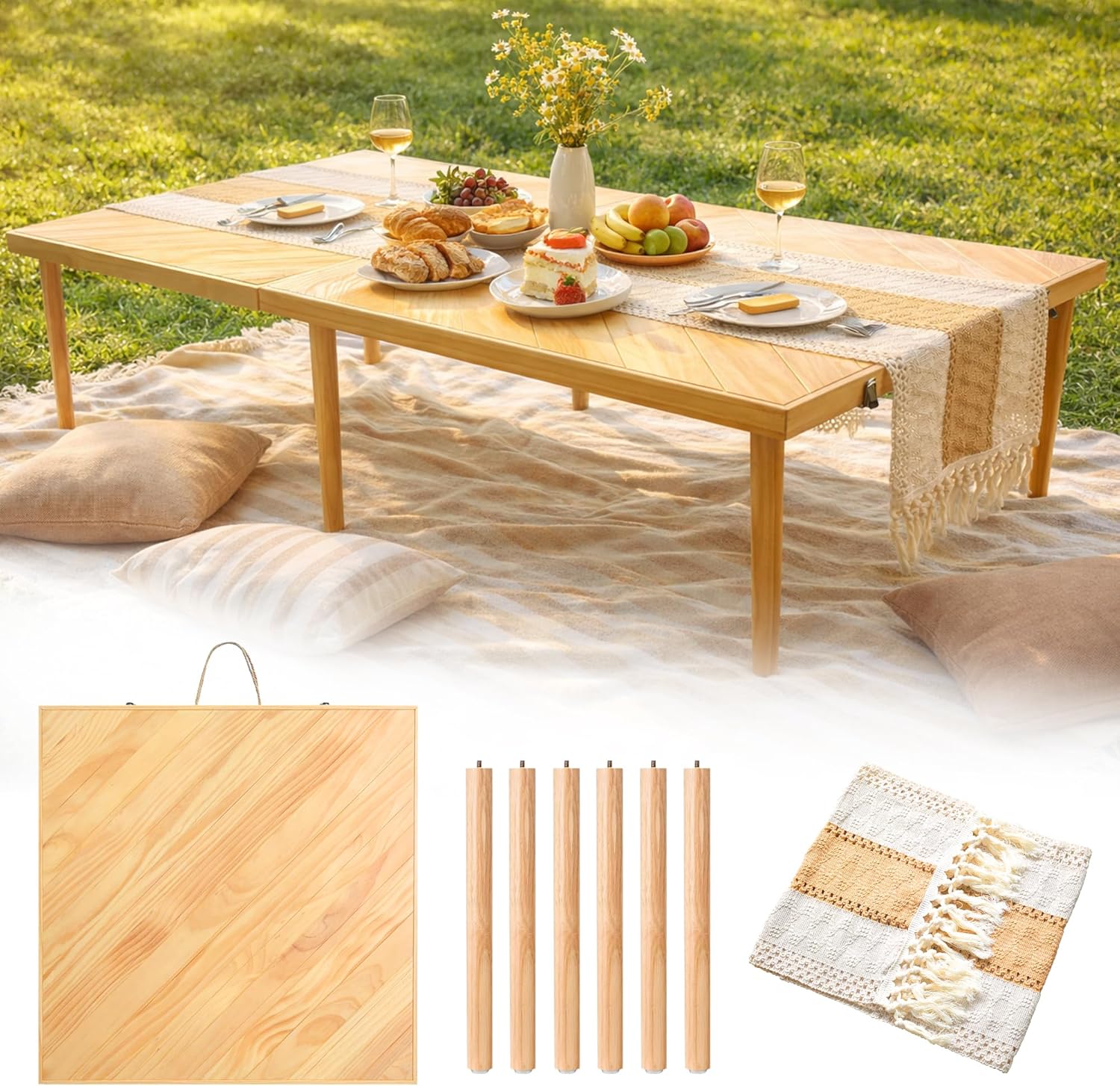 60" x 30" Solid Wood Folding Picnic Table with Table Runner, Large Portable Boho Wooden Low Table for Beach, Camping & Backyard Floor Seating, Foldable Wooden Picnic Table Seats 6-8 People