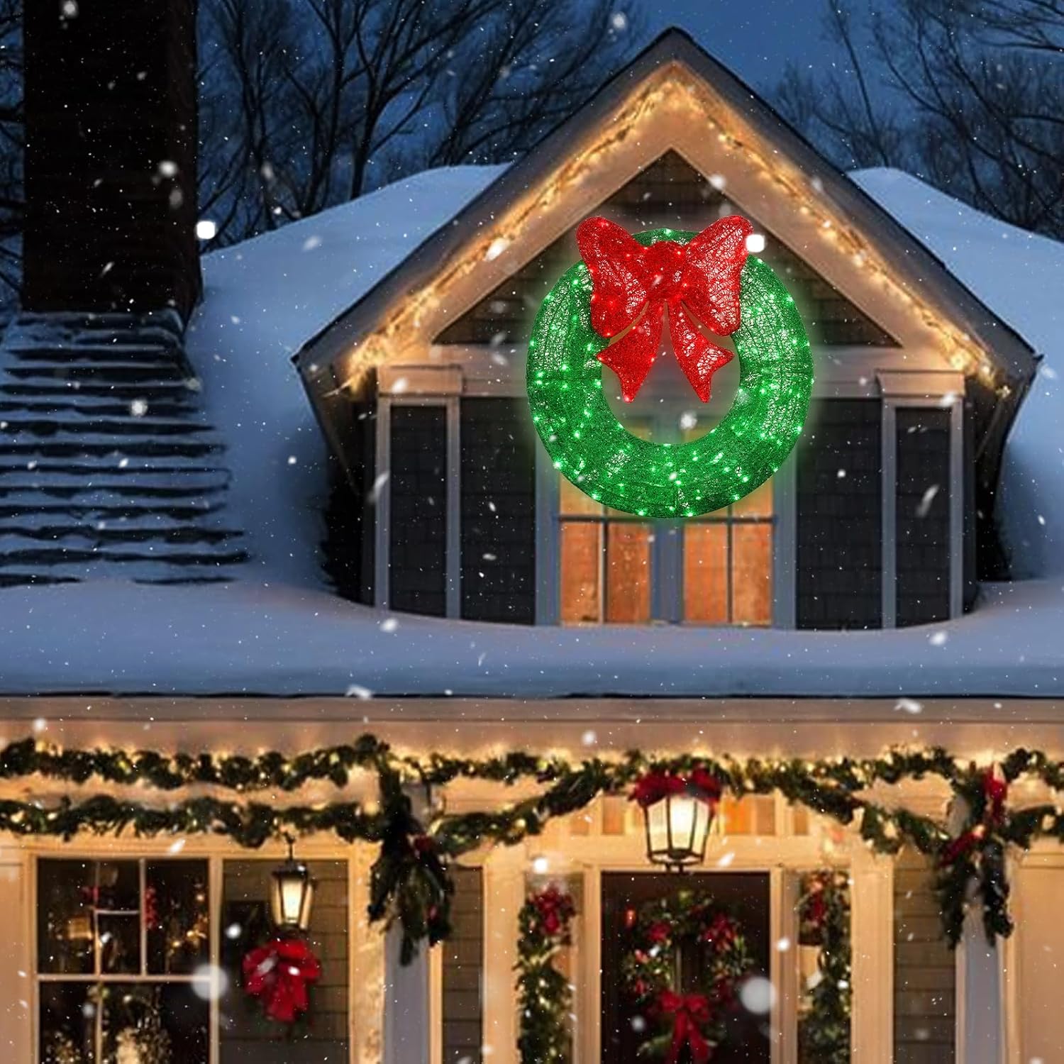 LAMPHOME 24in Pre-Lit Outdoor Christmas Wreath Decoration, 104 LED Lights Metal Holiday Decor for Home, Bow - Green/Red