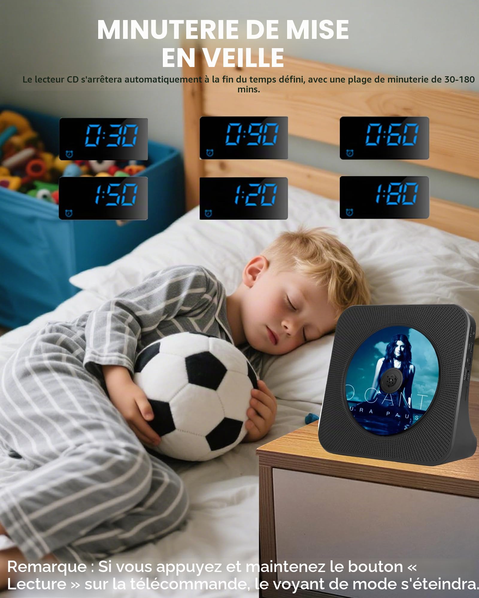 Lecteur CD Bluetooth avec Design Bureau, Lecteur CD Radio Portable avec Double Haut-parleurs & minuterie, Supporte entrée AUX/USB, Radio FM, Prise Casque, Transmission Bluetooth, écran LCD