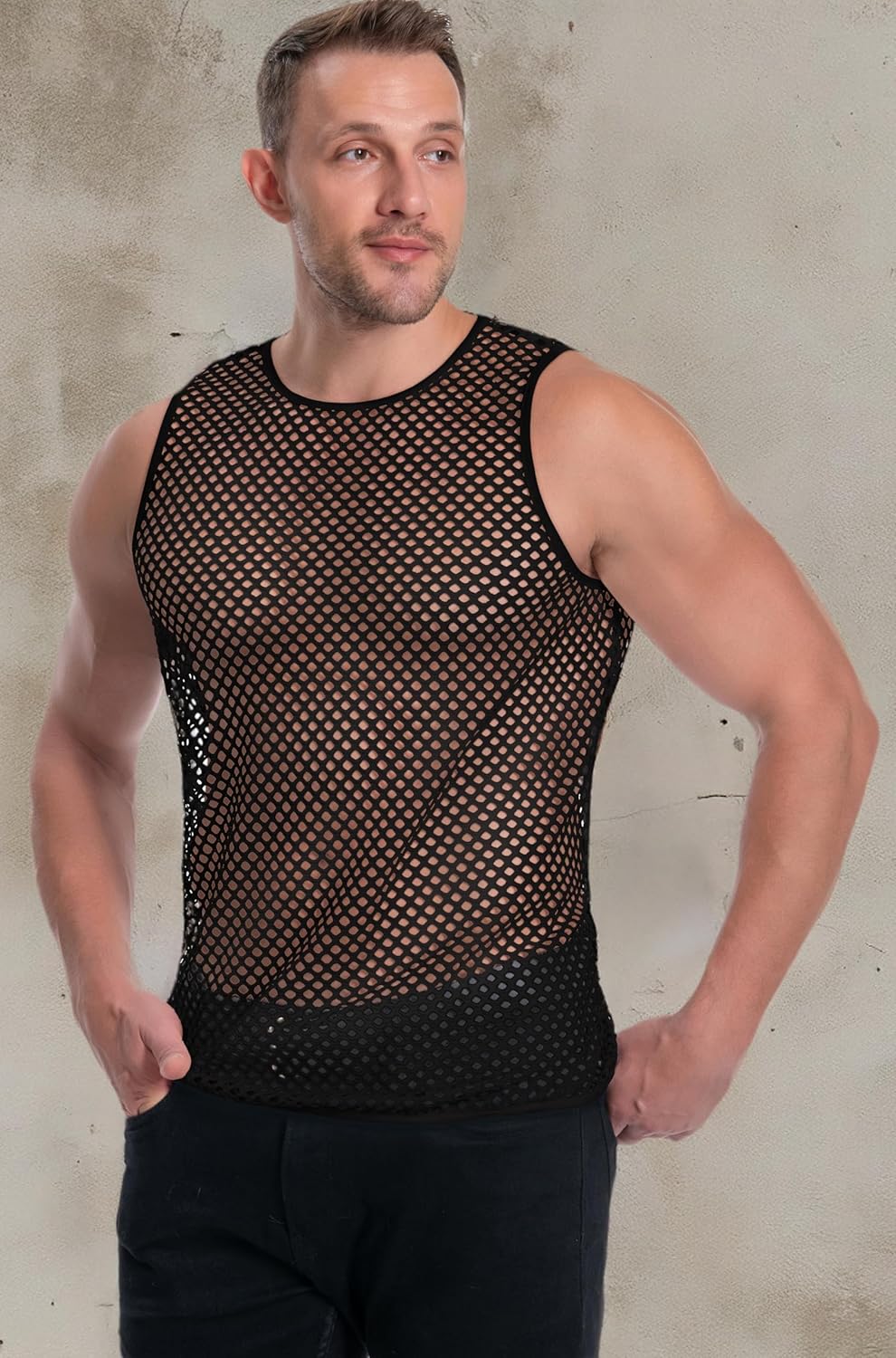 Men's Mesh Fishnet Muscle Top See Through Shirts Fitted Crew Neck Tee Clubwear - Image 7