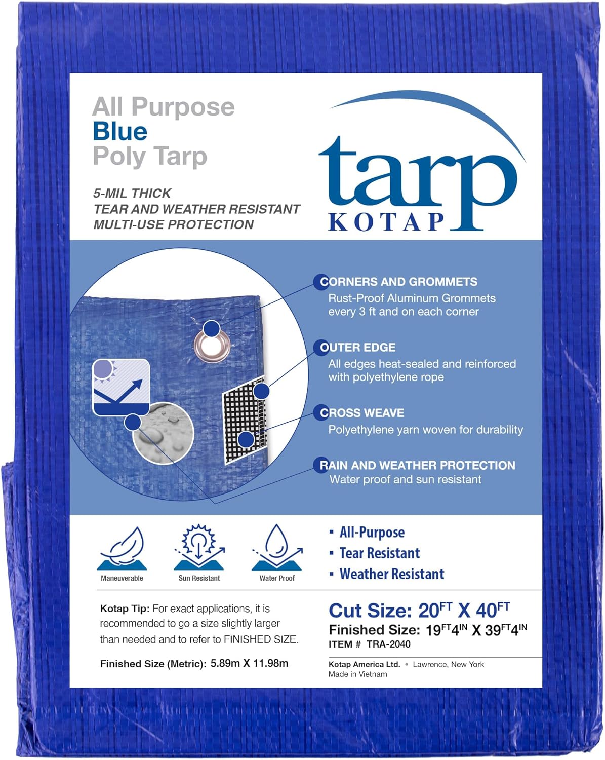 kotap tra-2040 waterproof all-purpose multi-use protection/coverage 5-mil poly tarp, cut size: 20 x 40'/finished size: 19' 4" x 39' 4", blue 1-pack size: 20 x 40' blue