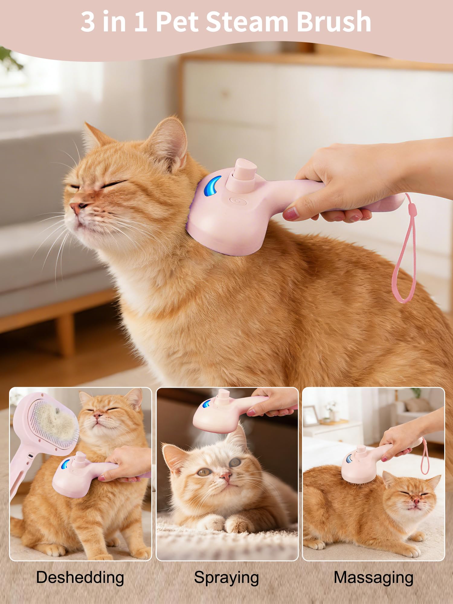Cepillo de vapor para gatos 3 en 1, cepillo para gatos con botón de vapor y liberación, herramienta de aseo para mascotas de interior, eliminación de pelo, agua para animales pequeños, pelo largo y