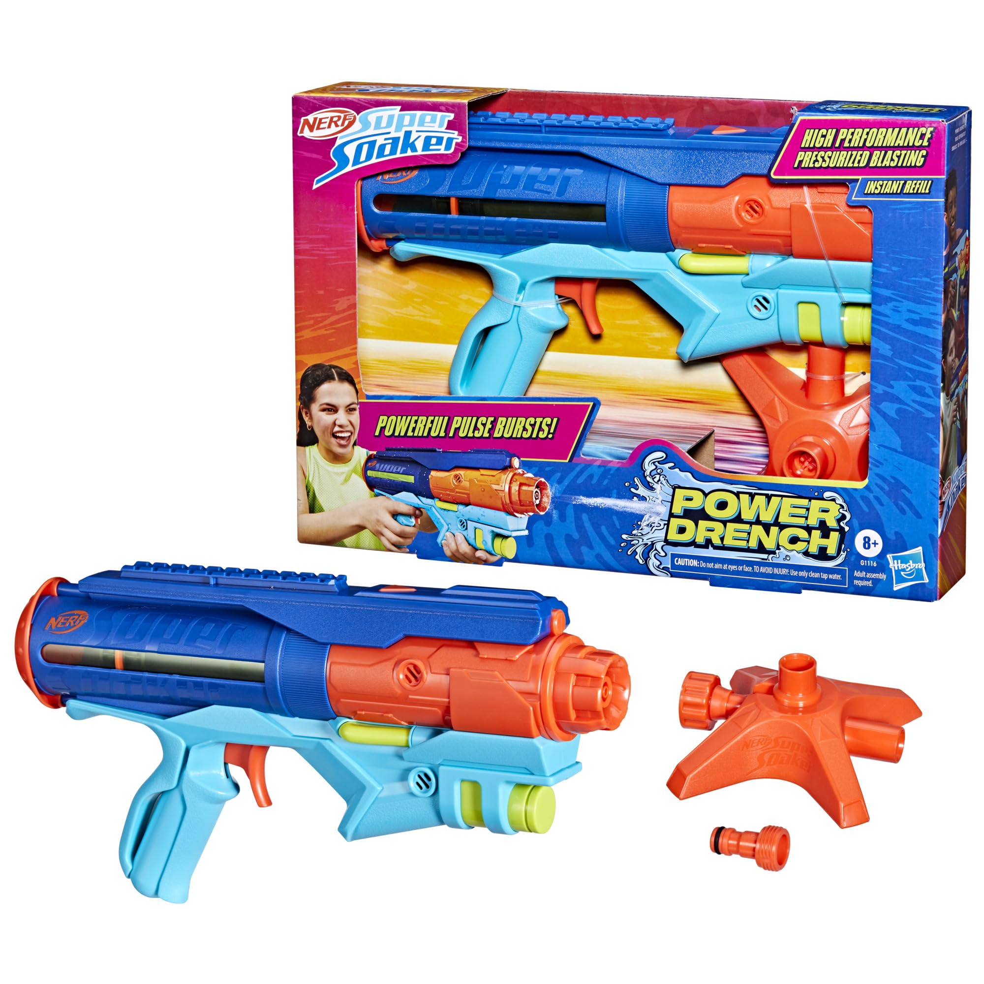 Contents of the Nerf Super Soaker Power Drench Water Blaster box, showing the blaster, fill station, and adapter.