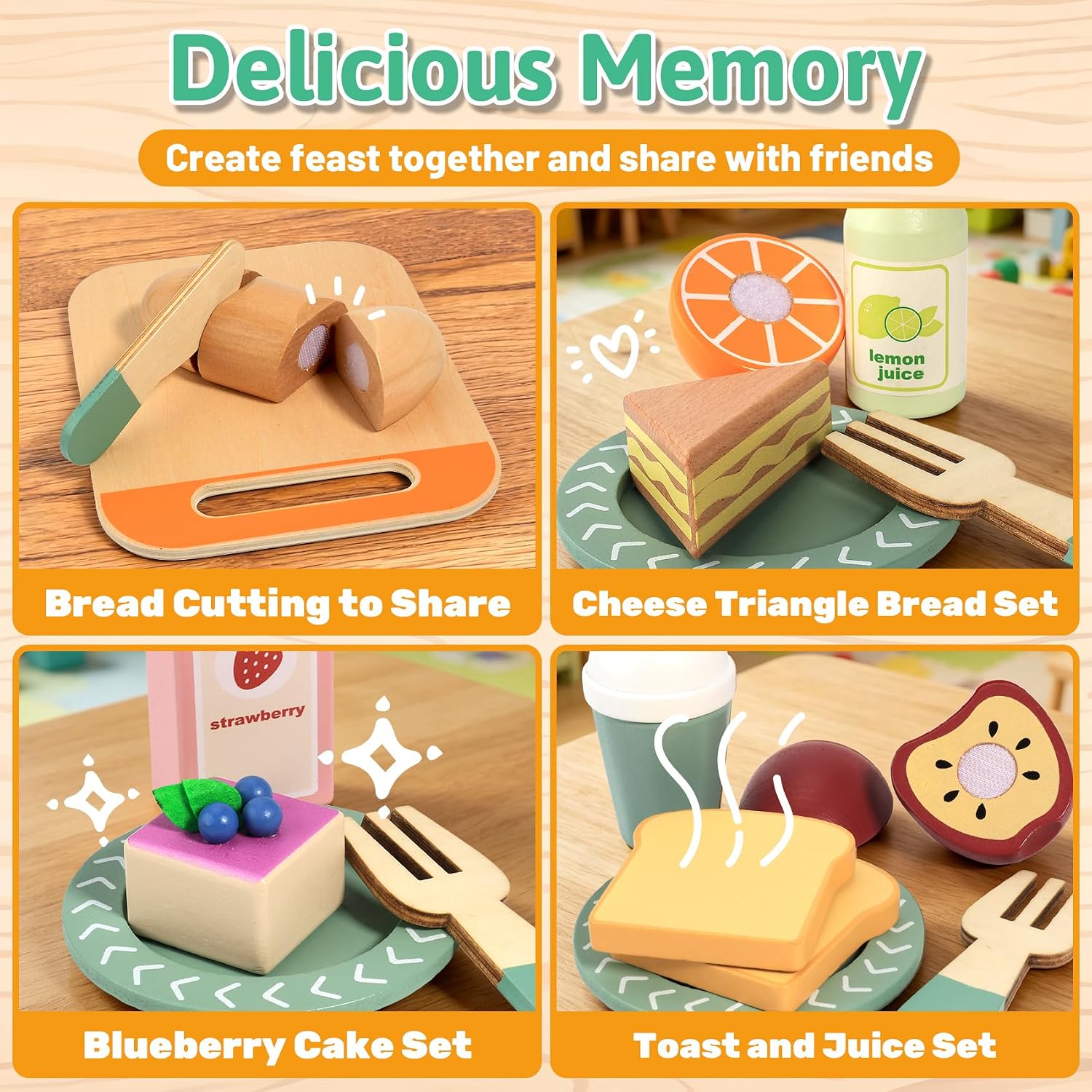 Picnic Wooden Play Food Set - Pretend Play Toys, Wood Food for Kids Kitchen | Complete Play Food Set with Tote, Portable Storage, Kids kitchen accessories, Toy food for kids ages 4-8 and up