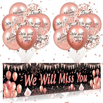 Farewell Party Decorations Rose Gold We Will Miss You Banner Decorations and 18Pcs Good Luck Balloons for Coworker Retirement Going Away Rude That Youre Leaving But OK Graduation Goodbye Party
