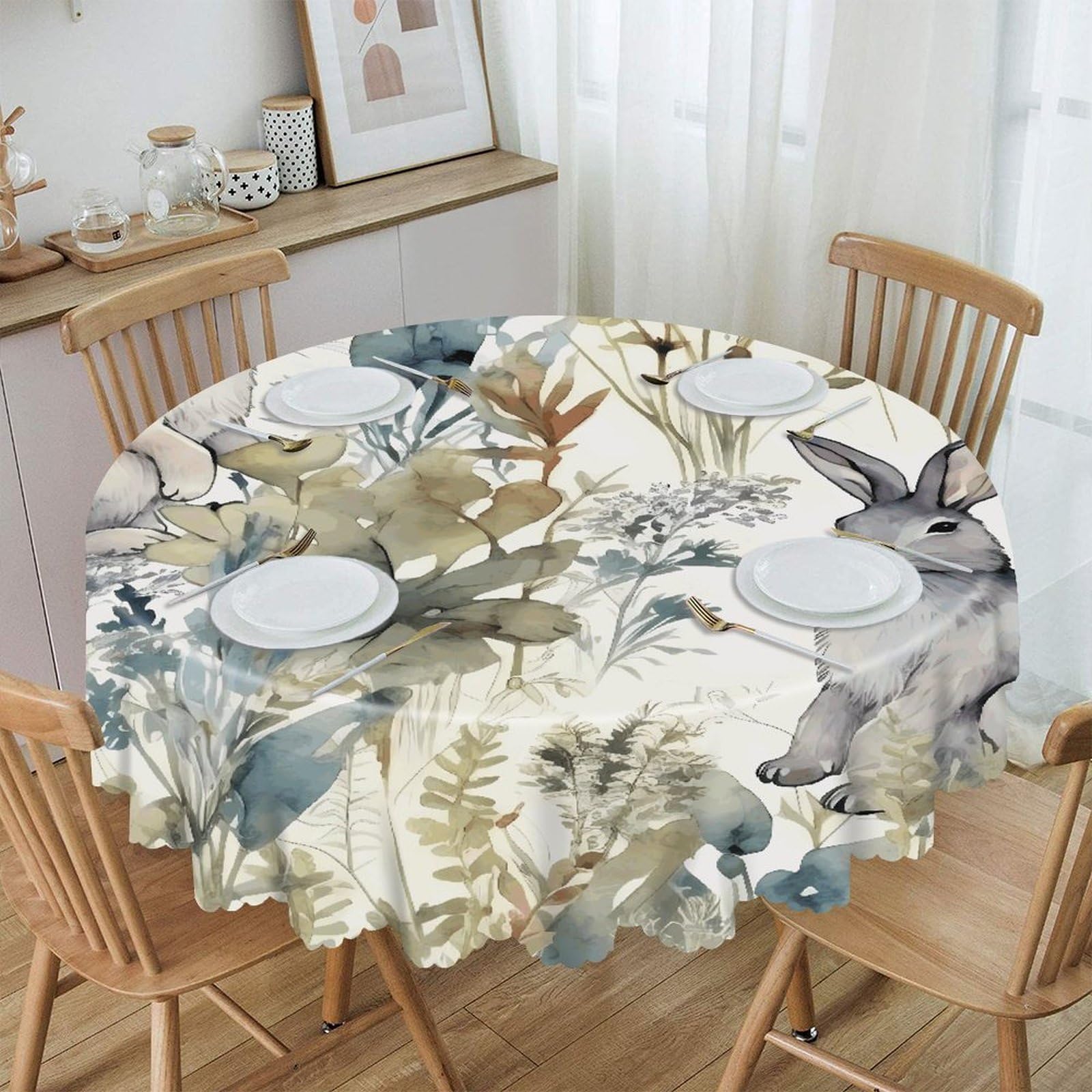 Btcowzrv Style Hand Drawn Rabbit Polyester Round Tablecloth 59.84 Inch, Decorative Washable Table Cover, Table Cloth For Restaurant Picnic Indoor And Outdoor Dining