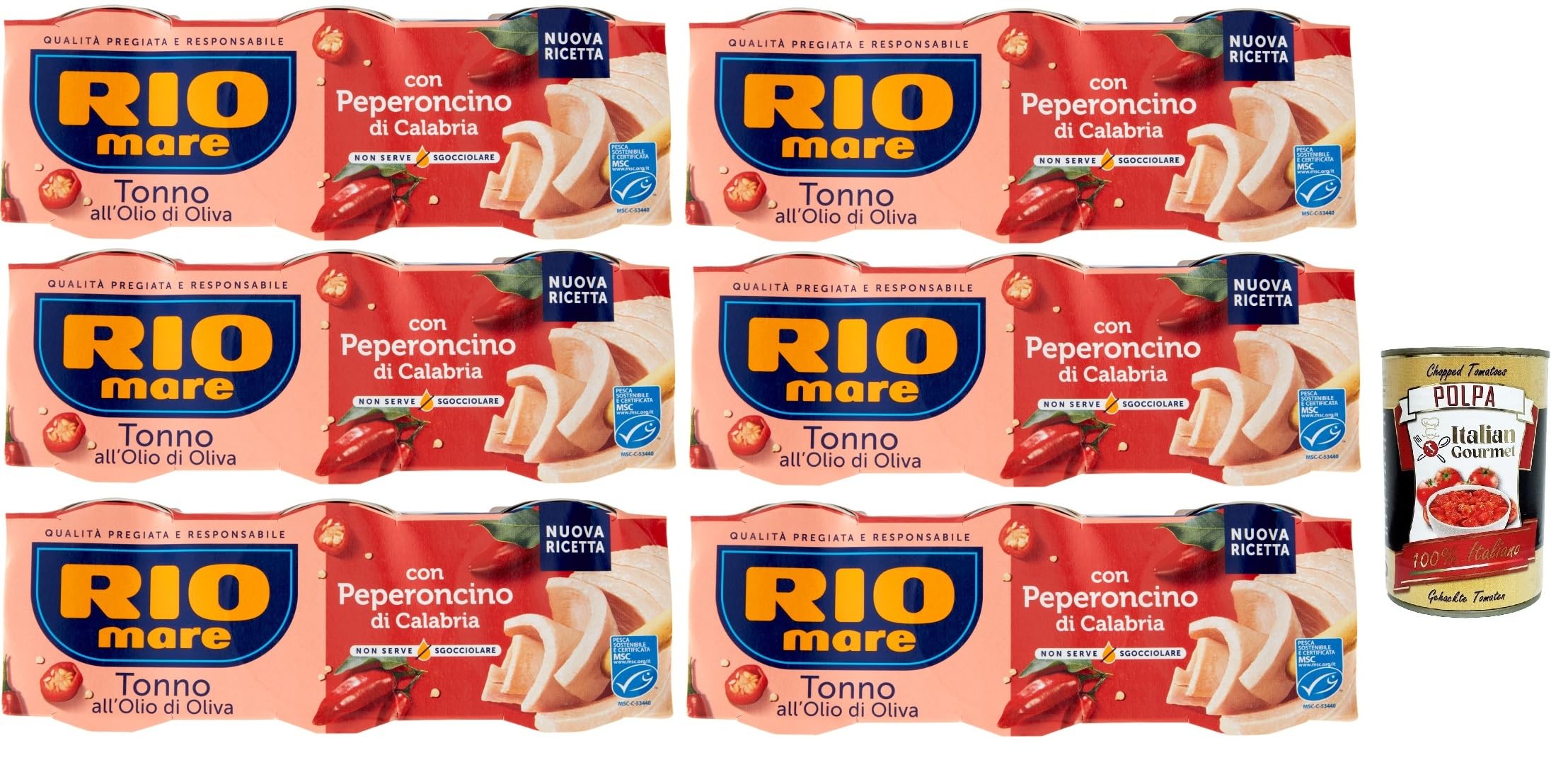Italian Gourmet bundle für Rio mare Thunfisch mit Peperoncino di Calabria 6x(3x65g) in Olivenöl, scharf, proteinreicher Snack & Salate + Italian Gourmet polpa