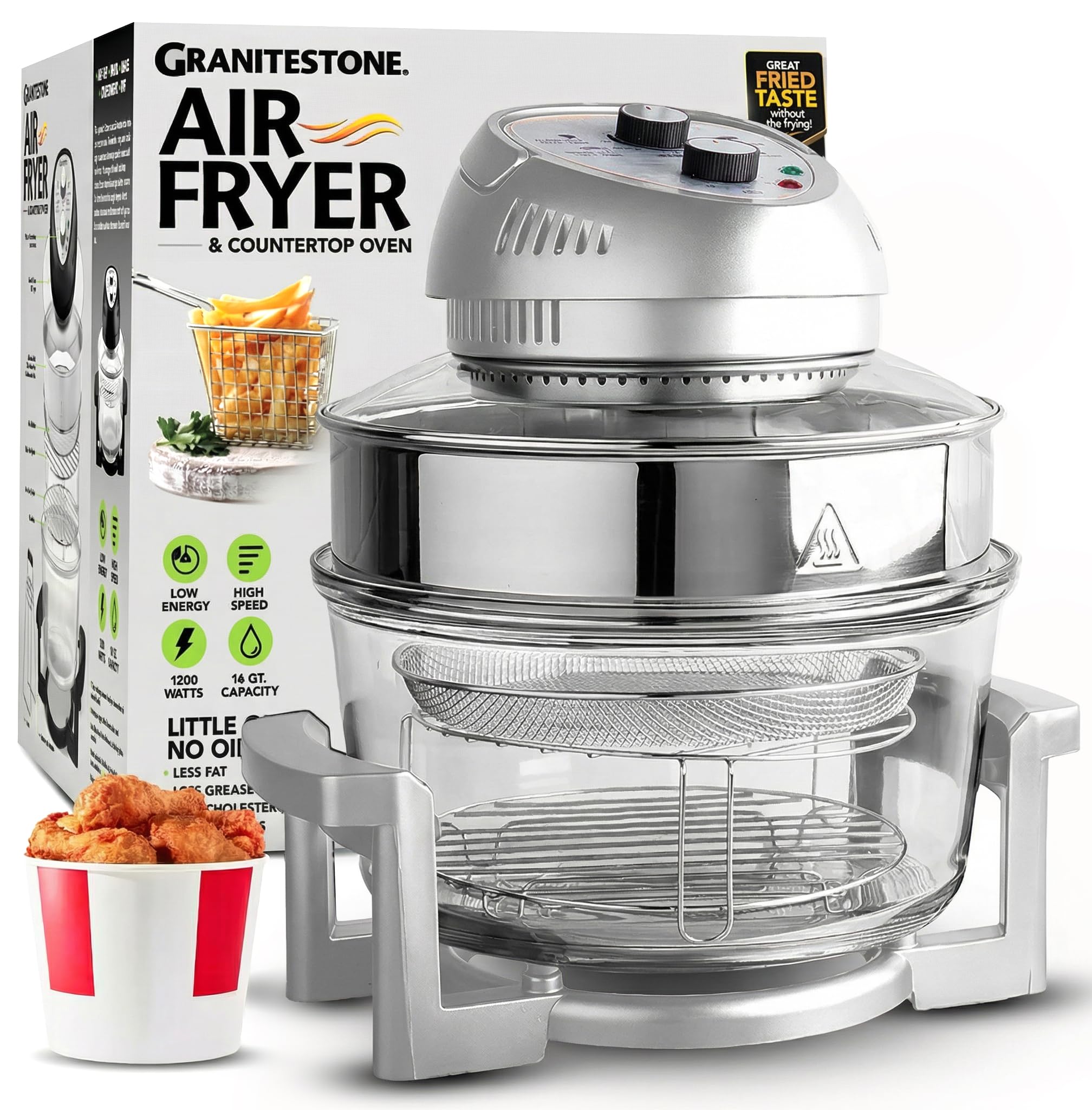 16 Quart Large Air Fryer Oven, Infrared Convection Healthy Meal Electric Cooker with Timer, Dishwasher Safe, Plus 50+ Recipe Book, Grey, 8605