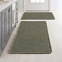 MIULEE 2-Pack Green Waffle Bath Rugs - Super Absorbent Non-Slip Mats with Tassels, Soft Rubber Back 17x24 + 18x30