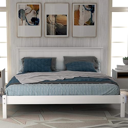 P PURLOVE Base de cama de plataforma de madera tamaño matrimonial con cabecera para sala de estar, no necesita somier, color blanco