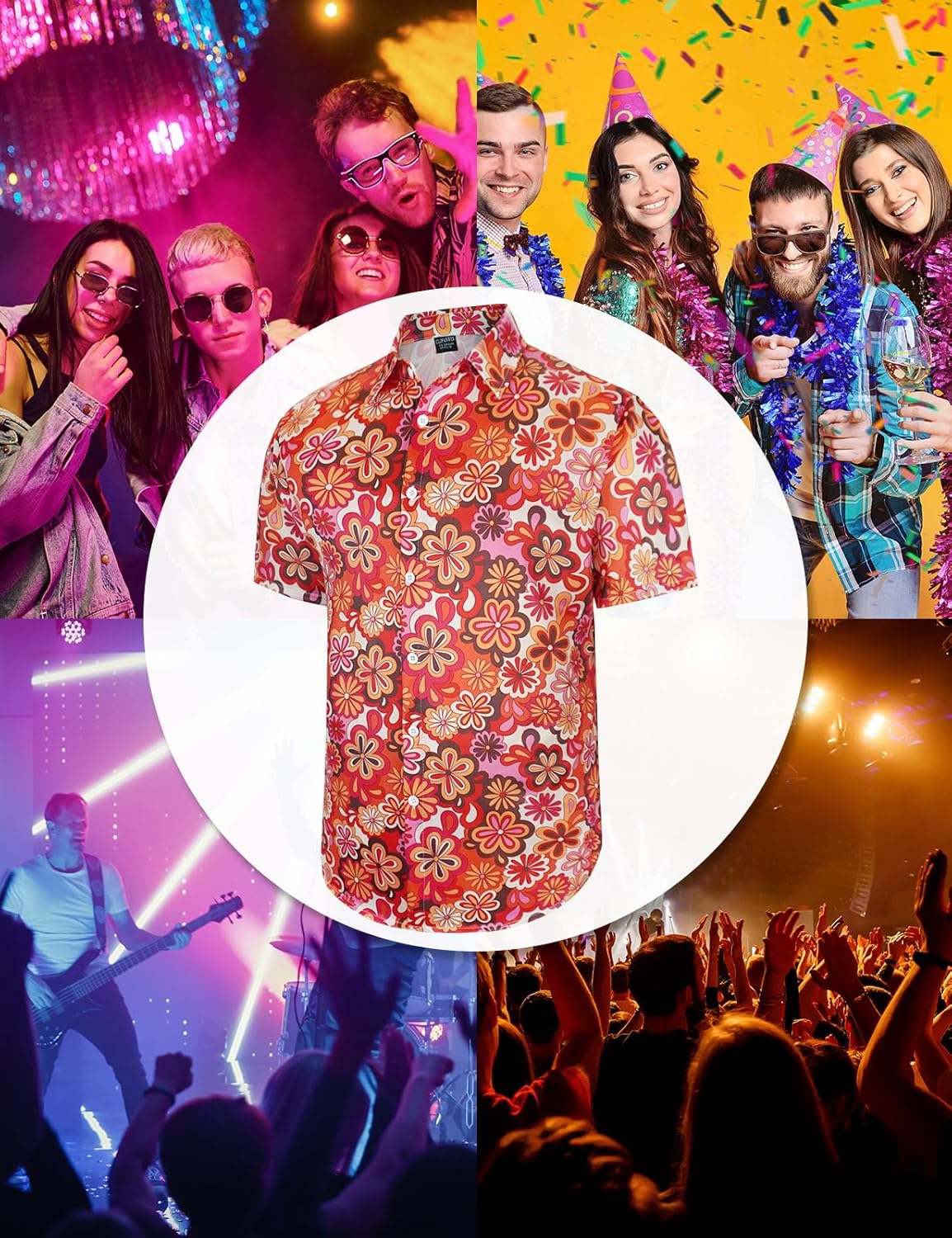 Men's 70s Floral Disco Retro Hippie Flower Casual Button Down Short Sleeve Shirts - Image 6