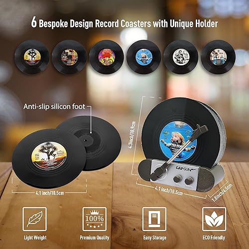 Miniatura 5 de Divertidos posavasos retro con reproductor de vinilo, juego de 6 posavasos con texto musical, bares, fiesta, cumpleaños, anfitriona de inauguración