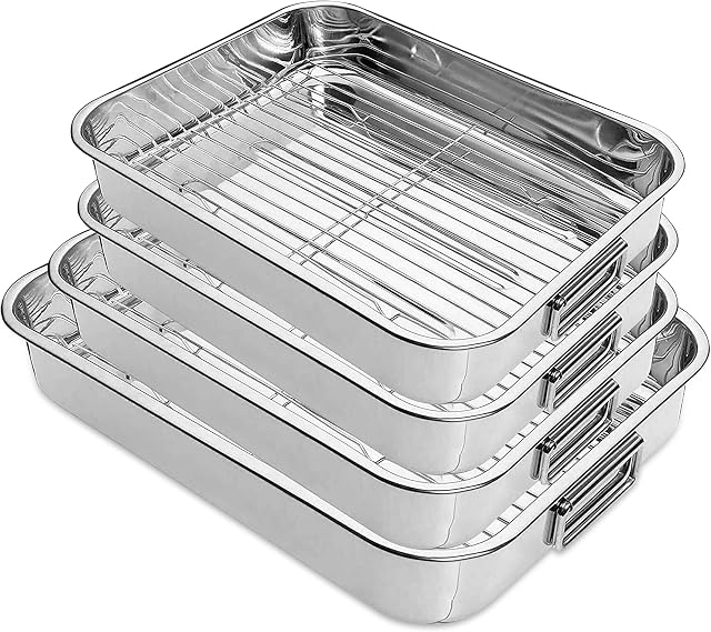 CaterOcassion 4pc Roasting Tray - Cooking Trays for Oven for Any Occasion. Roasting Tray with Removable Rack. Heavy Duty Oven Rack Soaking Tray Made of Reinforced Steel-Dishwasher Safe-British Brand