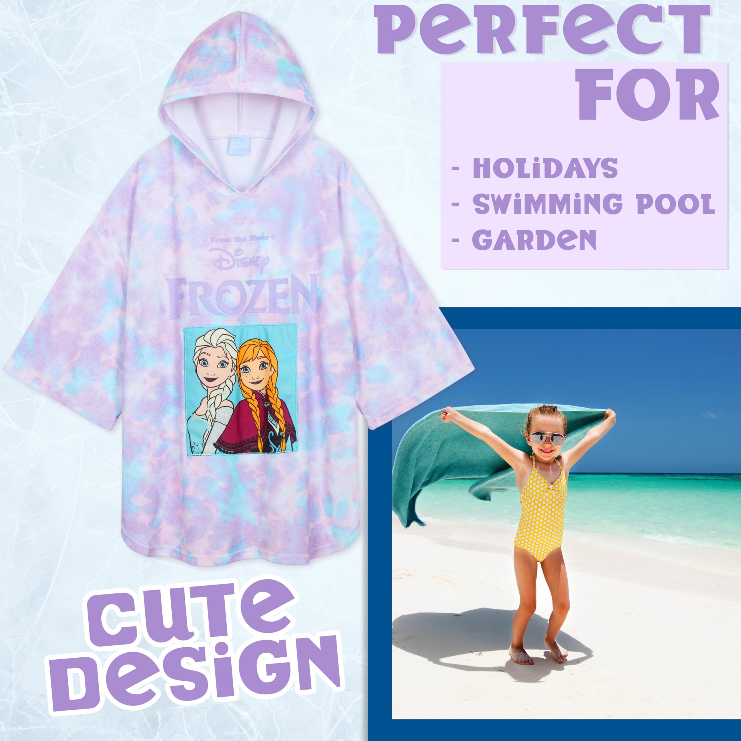 Disney Stitch Bath Towel with Hood for Kids & Teenagers Absorbent Changing Robe Poncho Towel for Swimming Bath Shower Beach Towel Holiday Essentials (Purple/Blue Frozen - Image 2