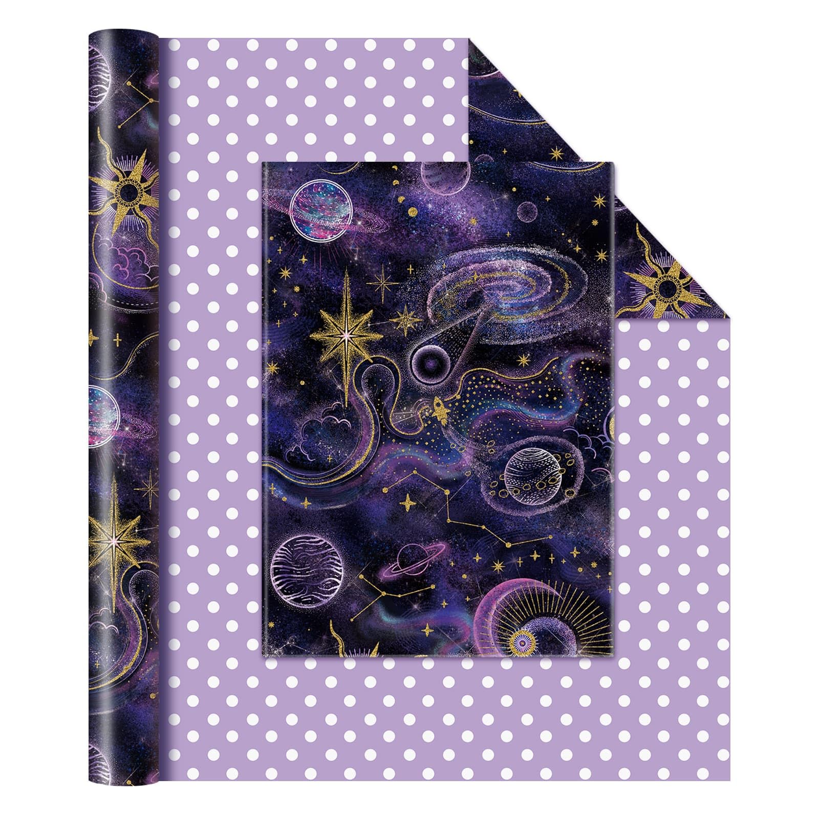 WERNNSAI Galaxy Wrapping Paper Roll - 1 Roll Purple Dark Night Sky Nebula Star Wrapping Paper Boys Girls Kids Reversible Polka Dot Design Gift Wrap Birthday Baby Shower Party Decoration 17” X 33 ft — image 1