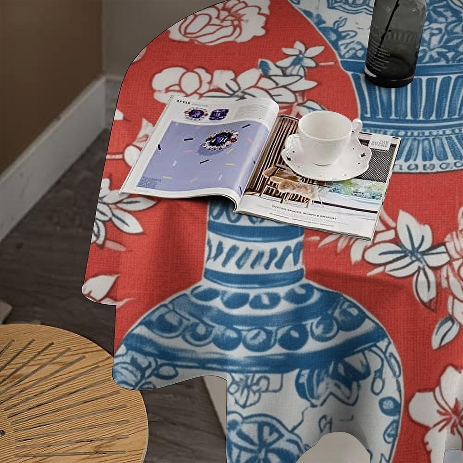 Blue Ginger Jar Chinoiserie Inspired Asian Inspired Bright Decor Round Tablecloth 70in Table Cloth Round Table Cover for Kitchen Dining Room Buffet Banquet Holiday Party Waterproof Table Decor