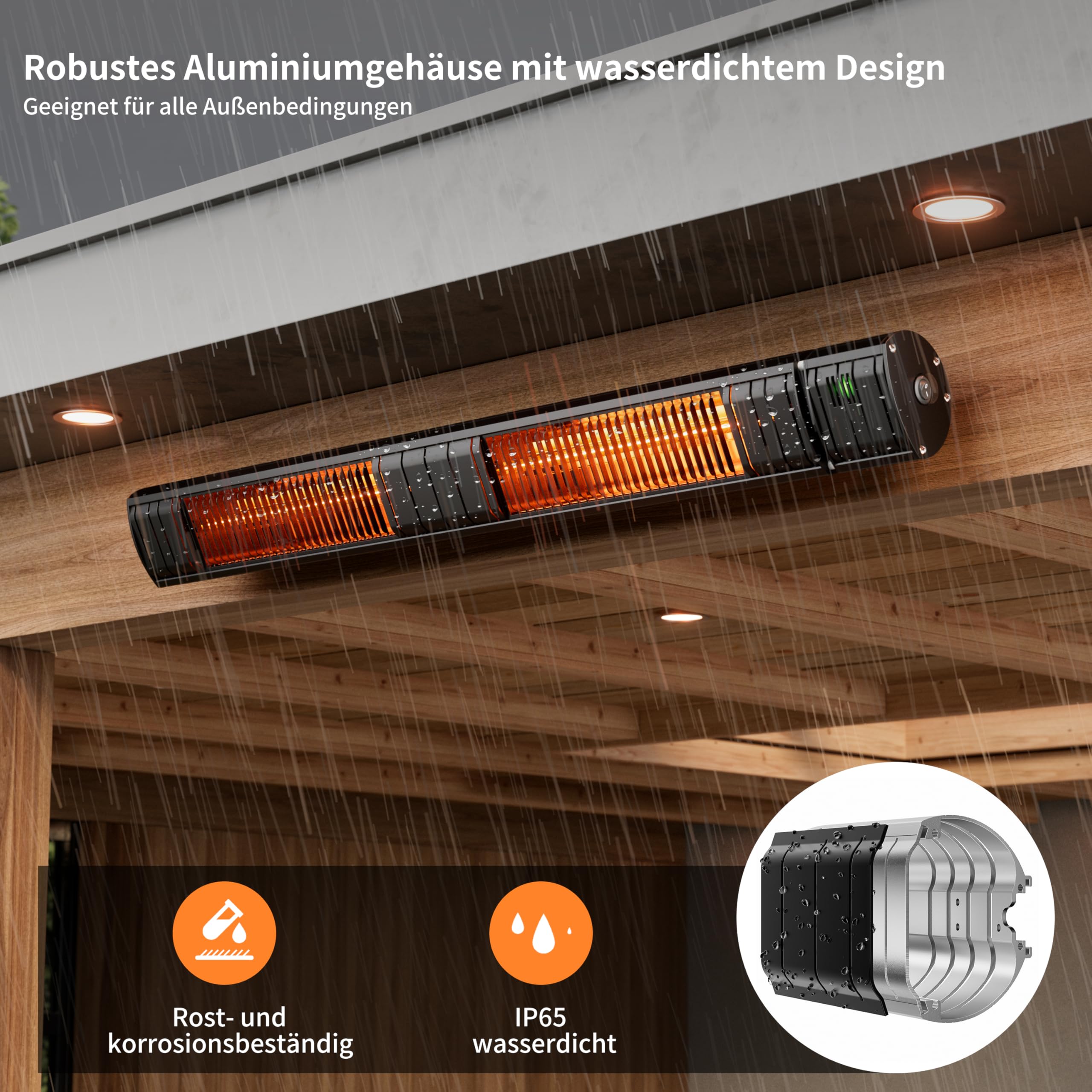 Heizstrahler Terrasse, Infrarotstrahler 3000W, Elektrisch Wärmestrahler mit 3 Heizstufen, Wandmontage, IP65 Wasserdicht, Infrarot Terrassenheizer für Garten Terrasse & Balkon, Schwarz