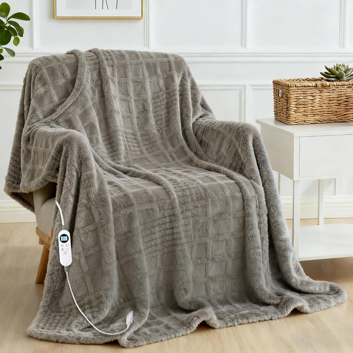Heated Blanket Electric Throw, 50"X60" Heating Blanket Waffle with 12 Heat Levels, Fast Heating Blanket with 1-12H Timer, Overheat Protection with ETL & FCC for Bed Home Office Sofa (Light Gray）