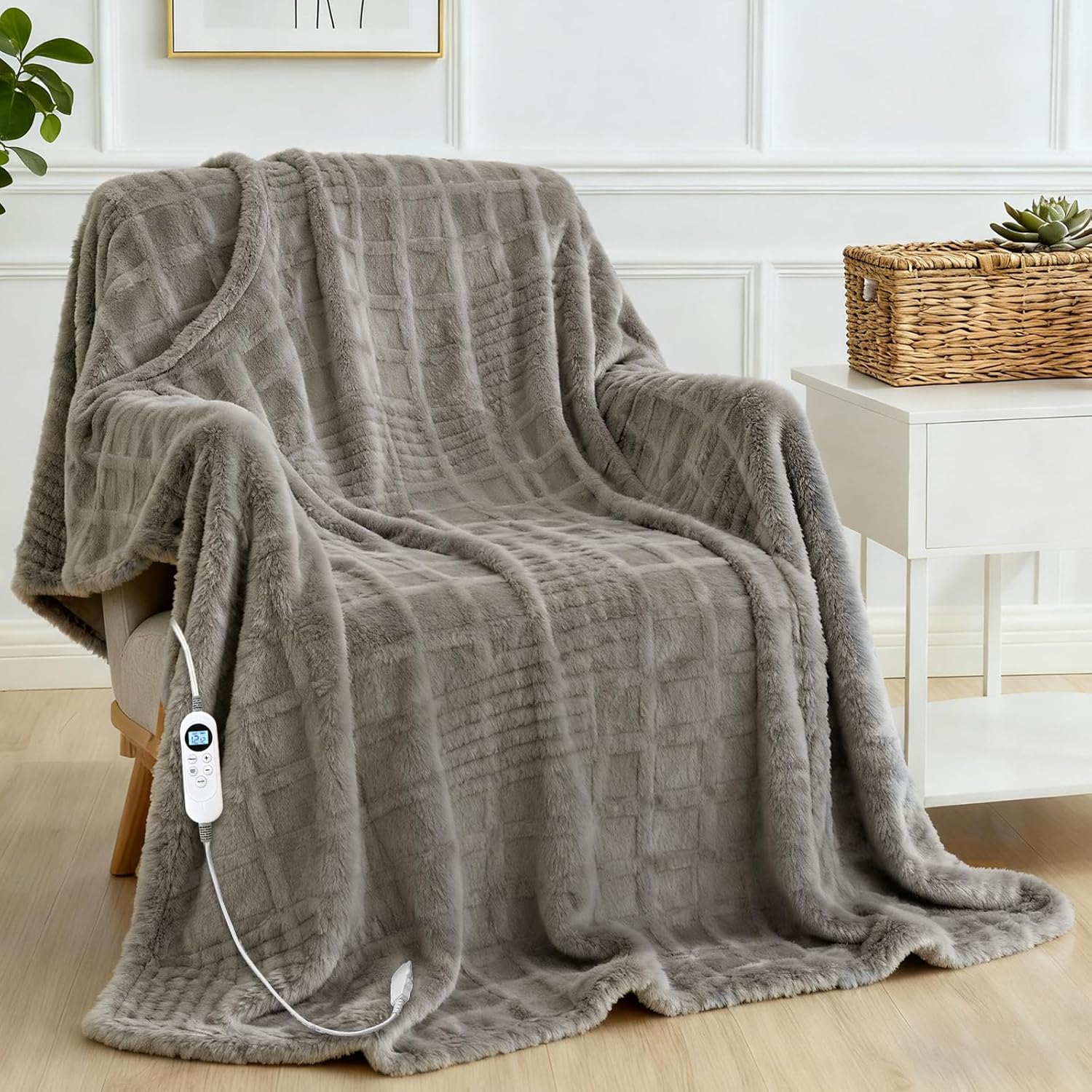 heated blanket throw electric heating blanket waffle with 12 heat levels, fast heating blanket with 1-12 timer, overheat protection with etl & fcc for bed home office sofa-light gray throw(50"x60")