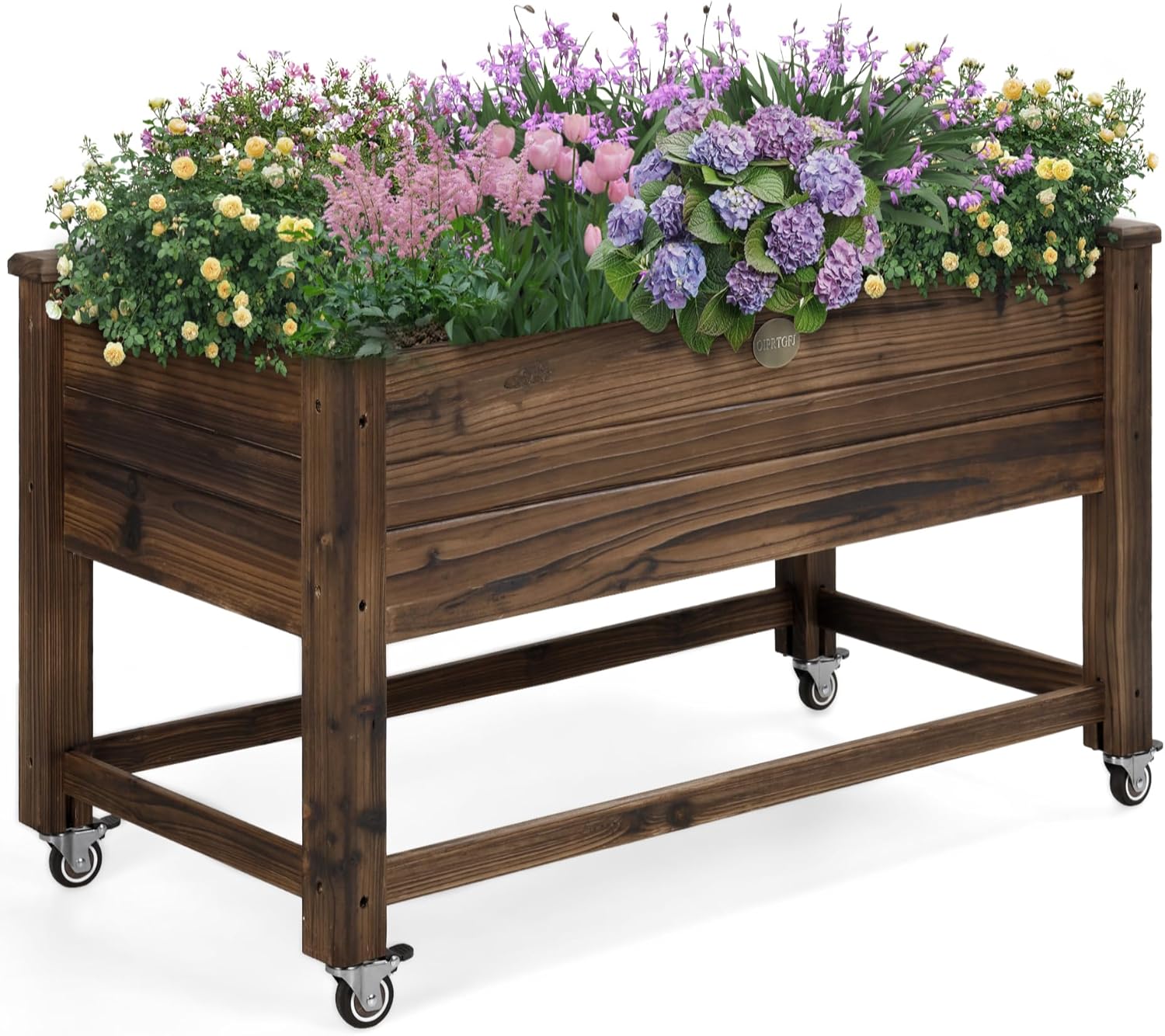 OIPRTGFJ Cedar Wood Outdoor Raised Garden Bed Planter Box with Locking Wheels, 41x21x20 inch, Carbonization Color