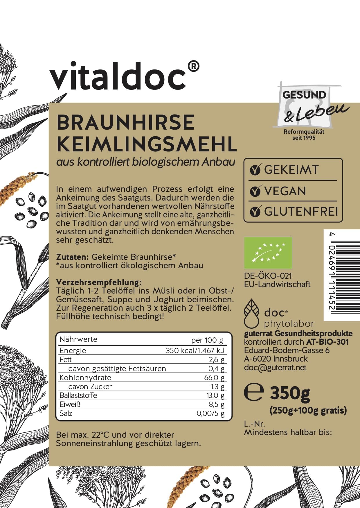 vitaldoc© | BIO-Braunhirse frischgekeimt 250 g + 100 g | Rohkost | Glutenfrei | Vegan | BIO | Reich an natürlichem Silicium | GESUND & Leben Qualität