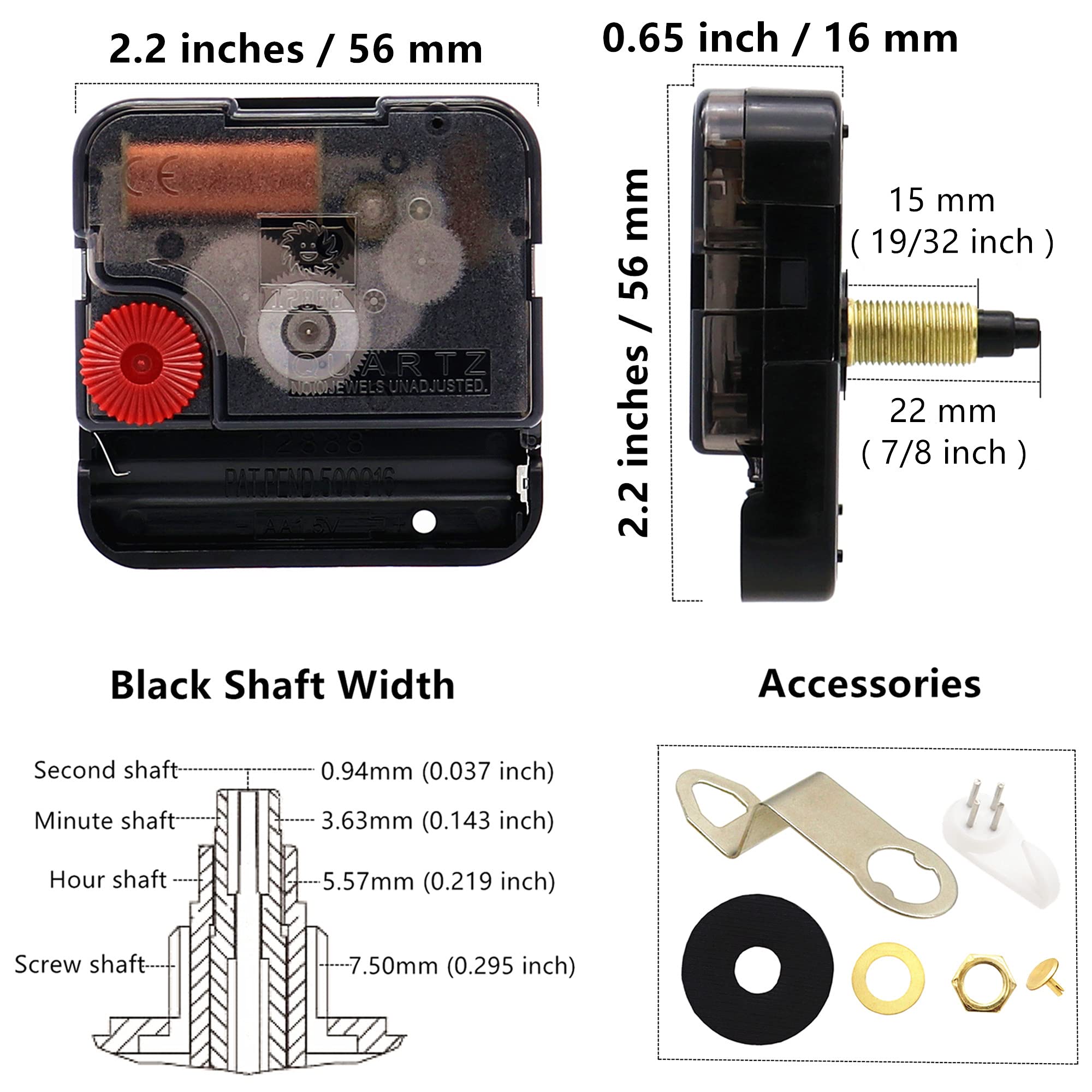 YOUNGTOWN 2 Stück geräuschloses Sweep-Uhrwerk mit 4 kleinen Zeigern, Wanduhr zum Selbermachen, Quarz-Mechanismus, batteriebetriebenes Reparaturteil, Ersatzteil, 2,2 cm Gesamtschaftlänge.