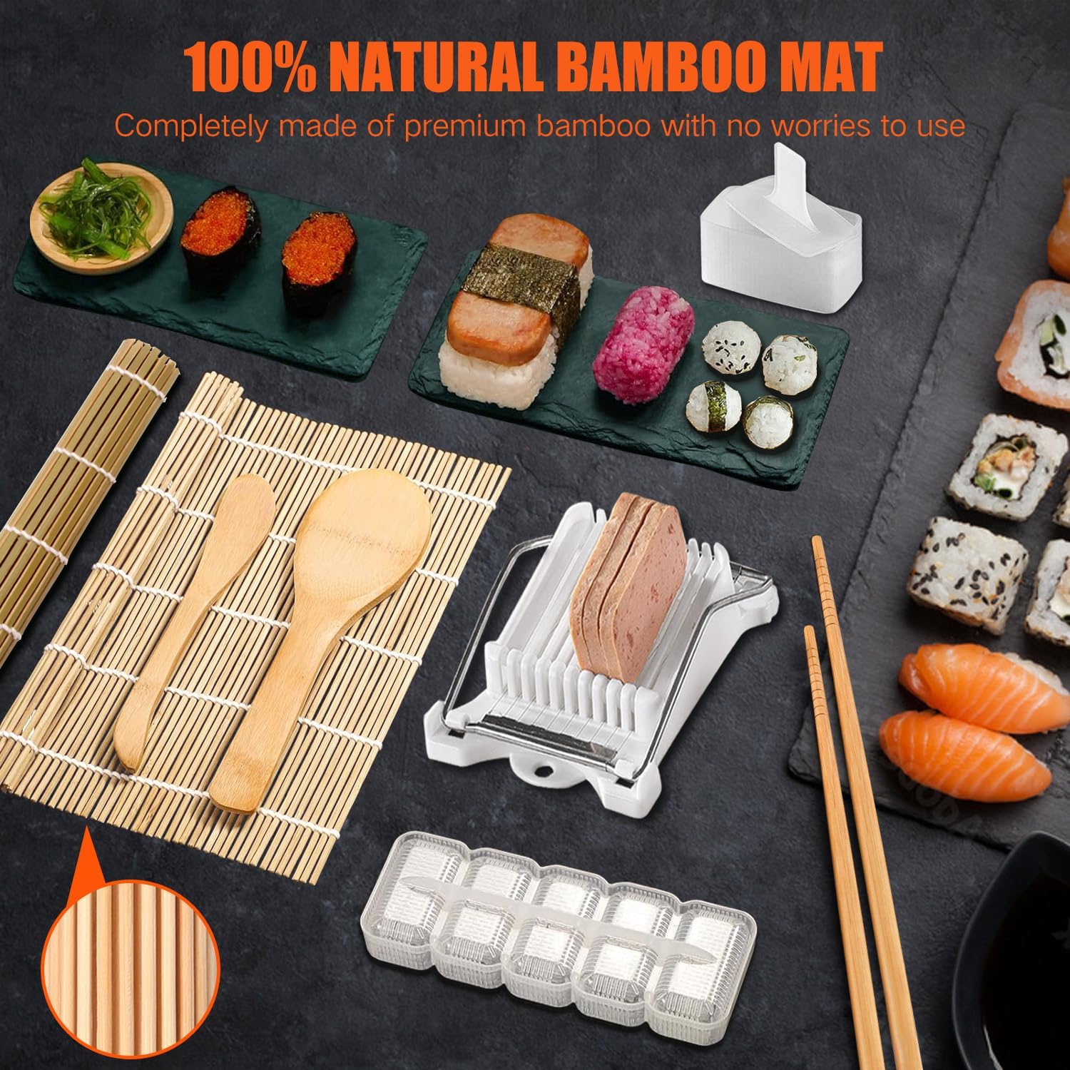 SmileTools Sushi Making Kit & Musubi Maker Kit - for Beginners & Pros with Sushi Roller Bazooka, 2 Bamboo Mats, 2 Musubi Press Molds and Spam Slicer